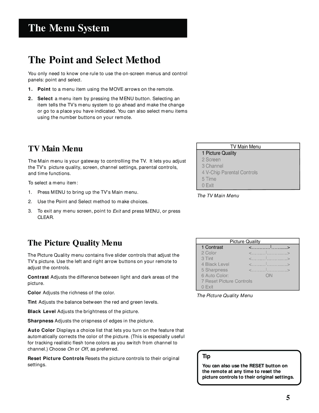 GE MG27006 manual Menu System, Point and Select Method, TV Main Menu, Picture Quality Menu 