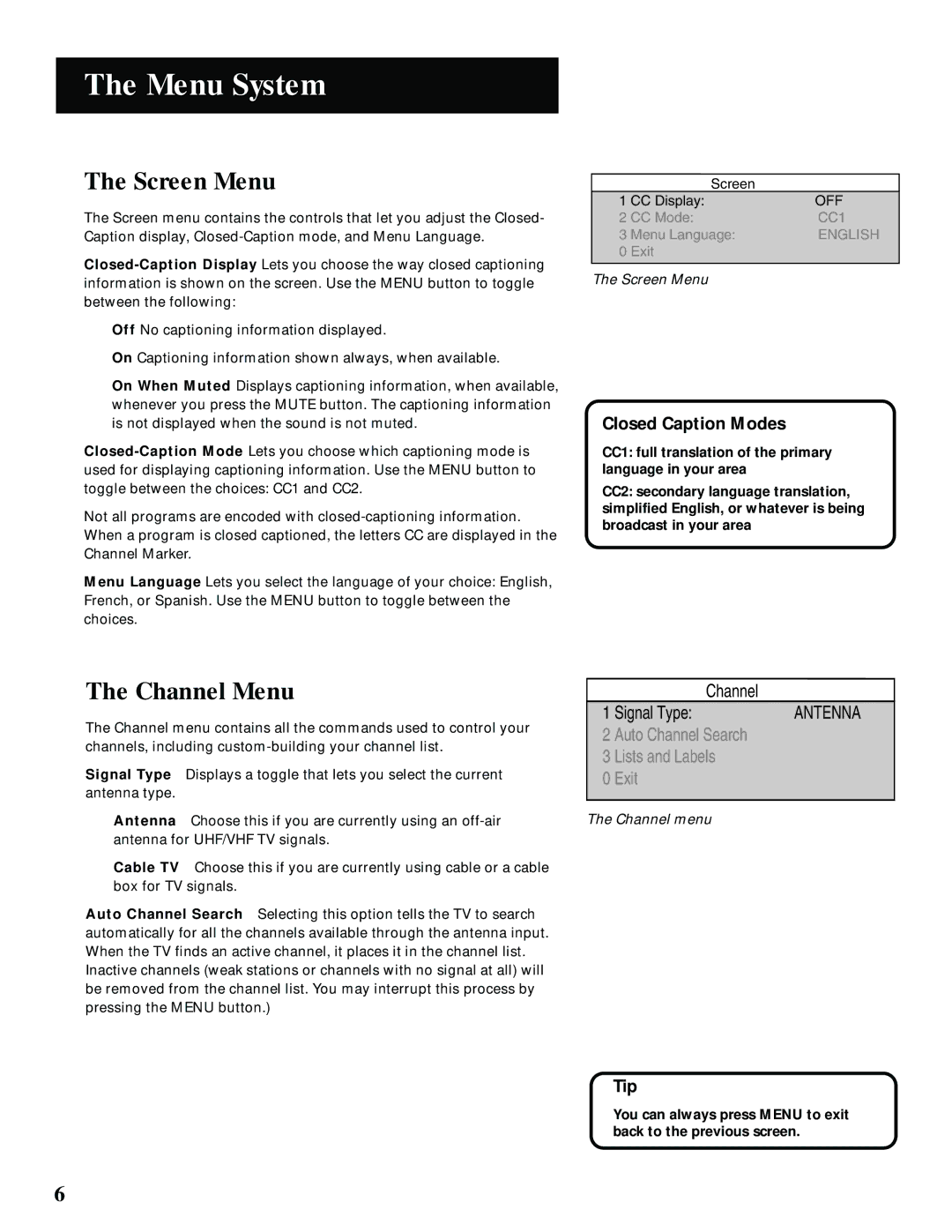 GE MG27006 manual Screen Menu, Channel Menu 