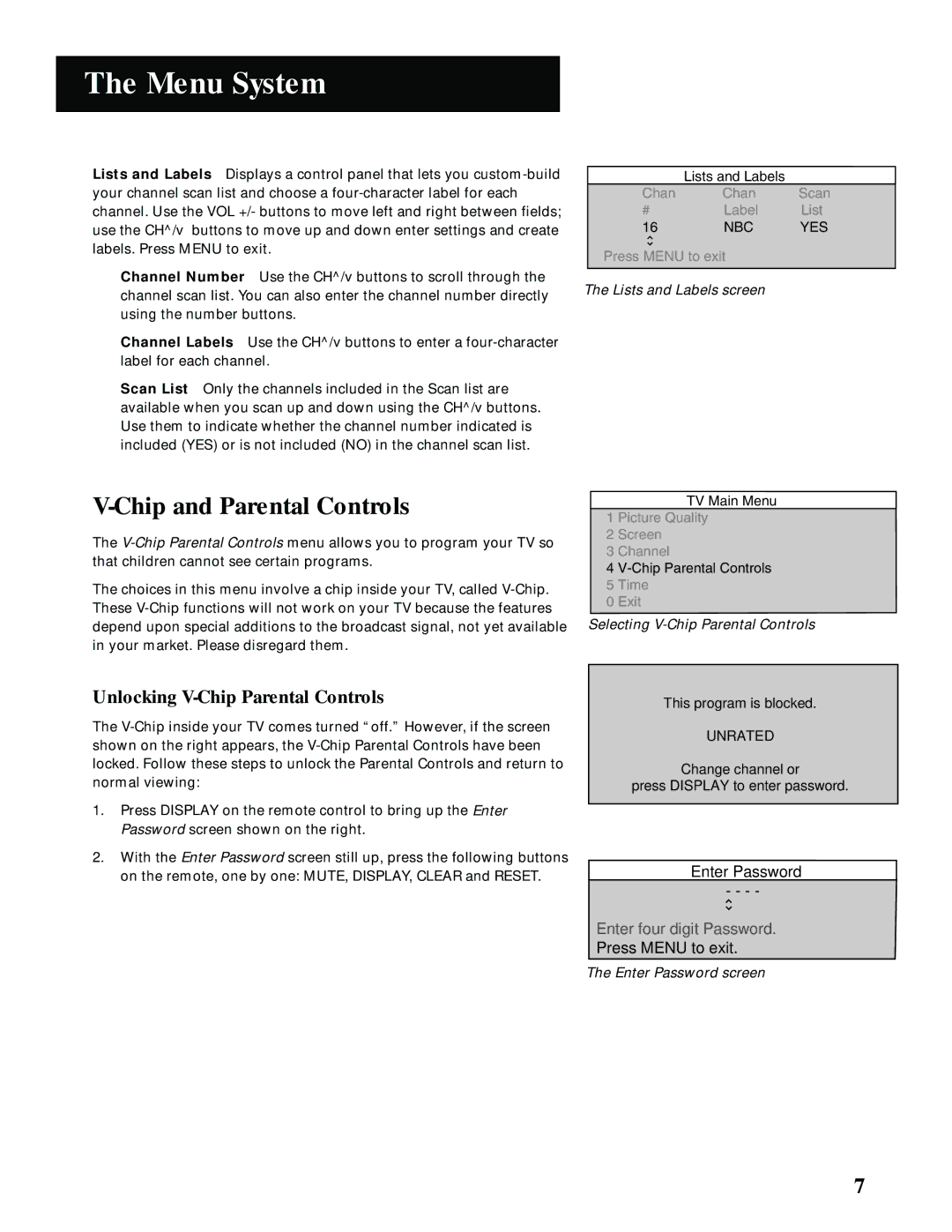 GE MG27006 manual Chip and Parental Controls, Unlocking V-Chip Parental Controls 