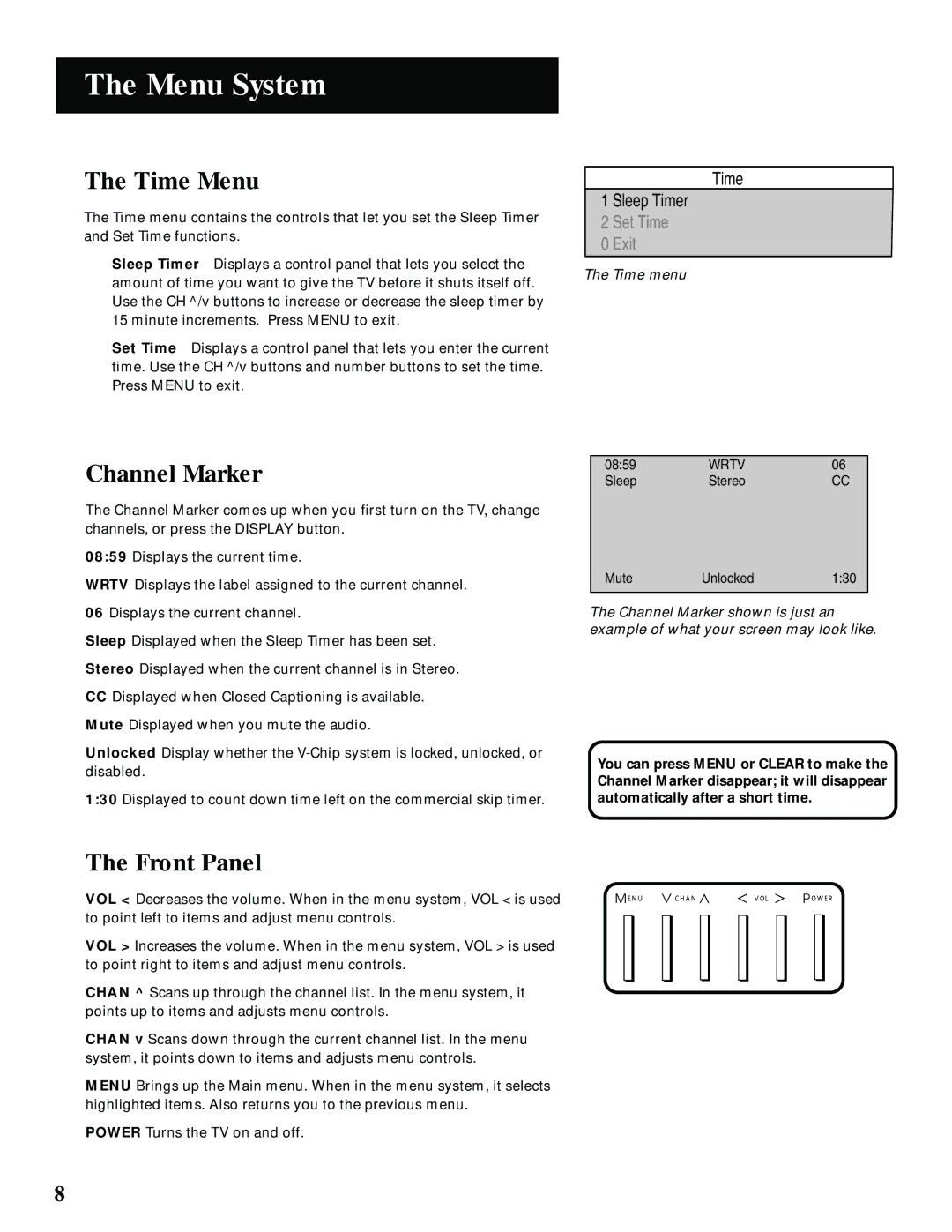 GE MG27006 manual Time Menu, Channel Marker, Front Panel 