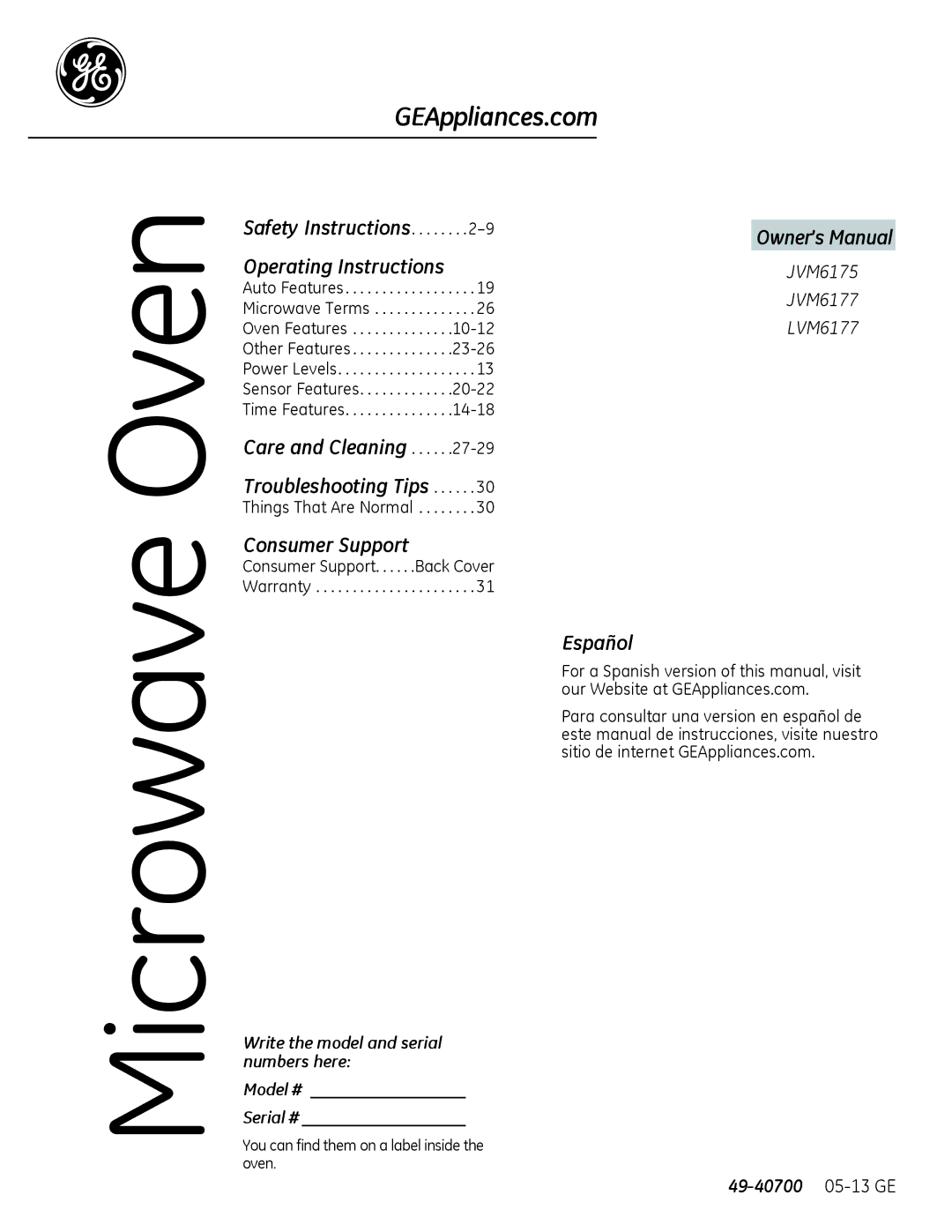 GE Microwave Oven owner manual 49-40700 05-13 GE, You can find them on a label inside the oven 