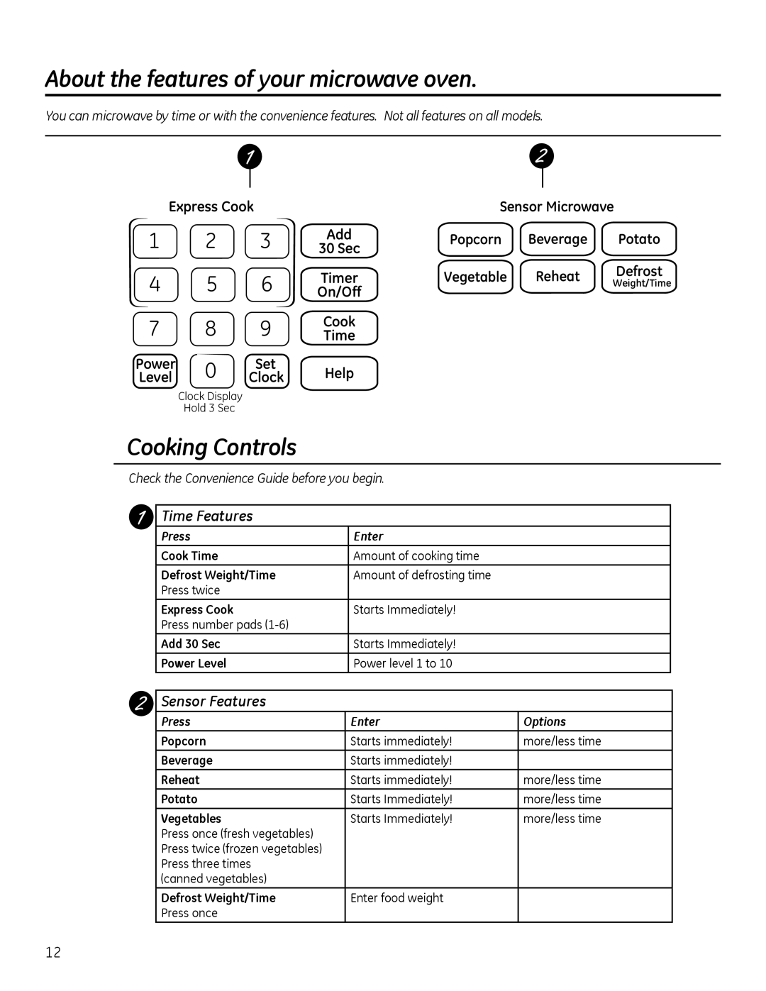 GE Microwave Oven owner manual Cooking Controls, Time Features, Sensor Features, Press Enter Options 