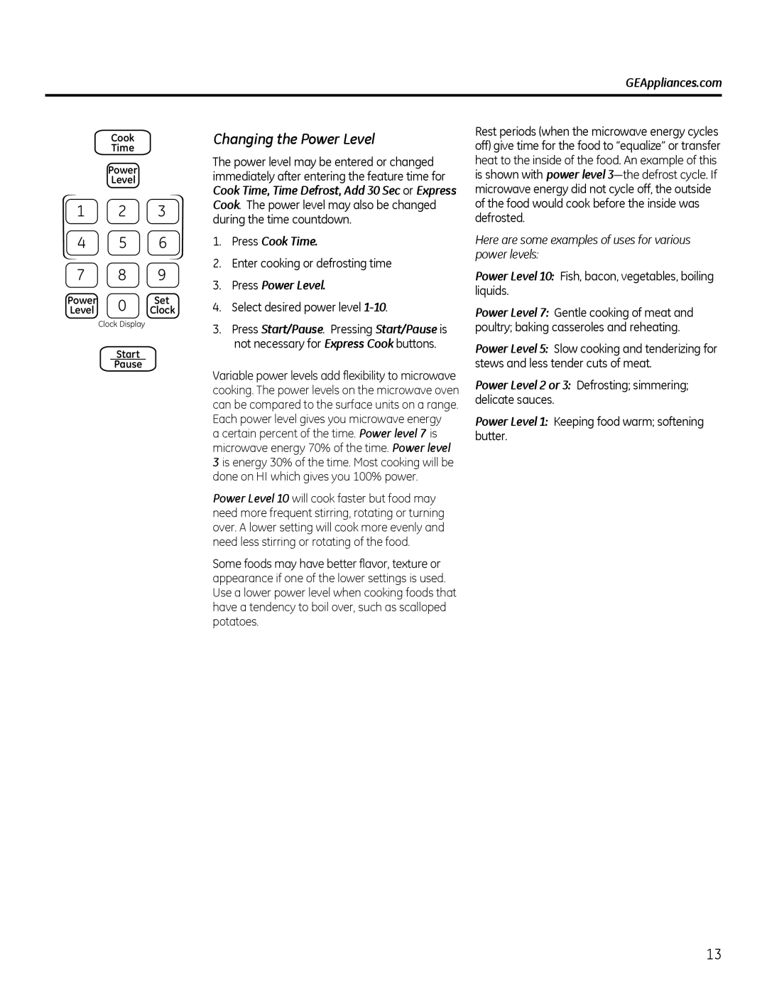 GE Microwave Oven owner manual Changing the Power Level, GEAppliances.com, Press Cook Time, Press Power Level 