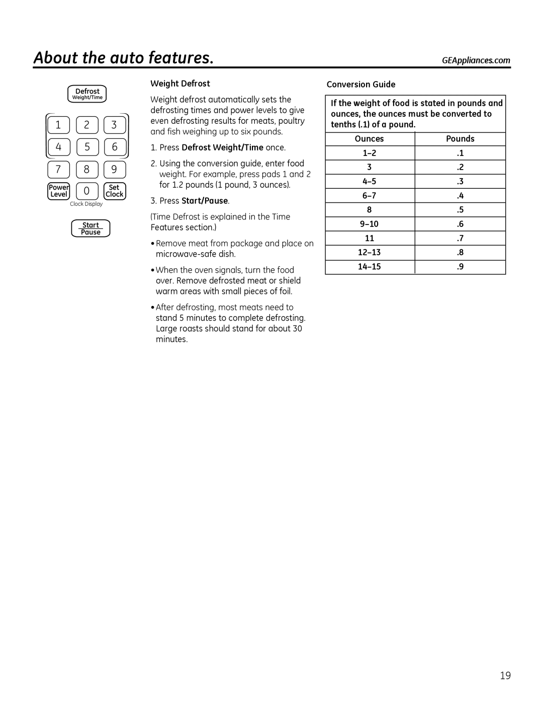 GE Microwave Oven owner manual About the auto features, Weight Defrost, Press Defrost Weight/Time once 