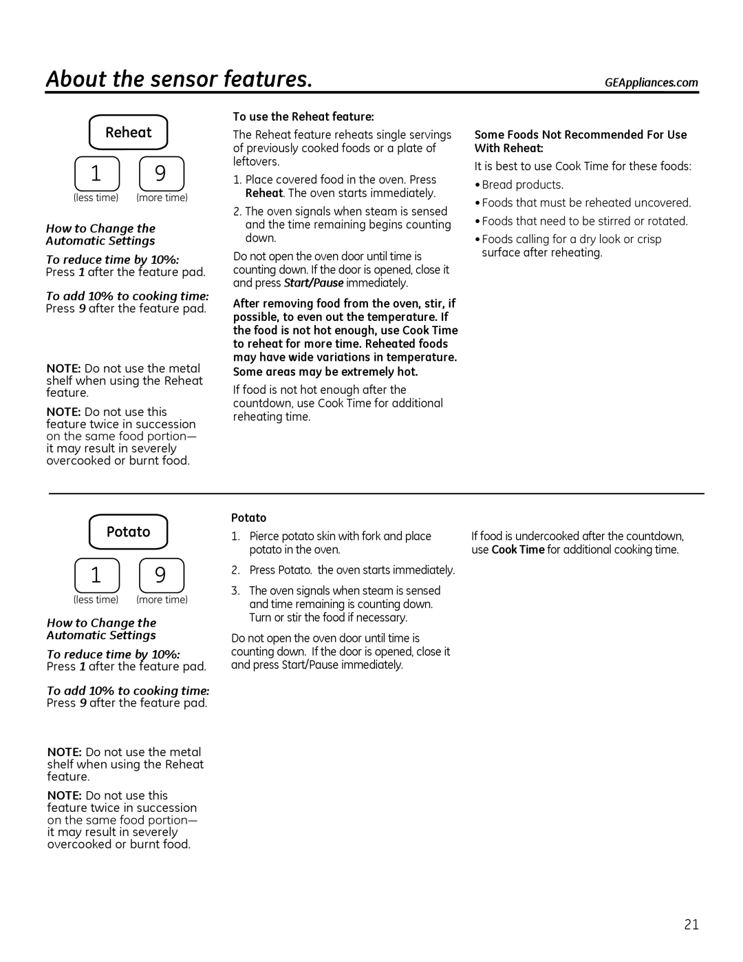 GE Microwave Oven owner manual To use the Reheat feature, Some areas may be extremely hot 