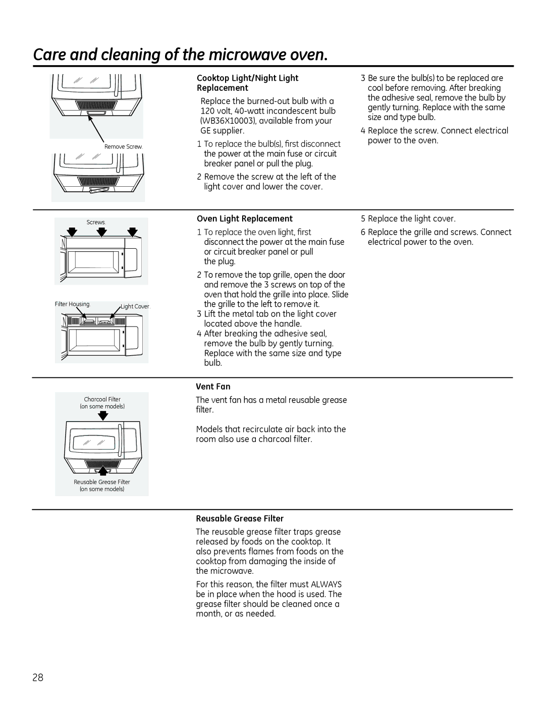 GE Microwave Oven owner manual Cooktop Light/Night Light Replacement, Oven Light Replacement, Plug, Reusable Grease Filter 