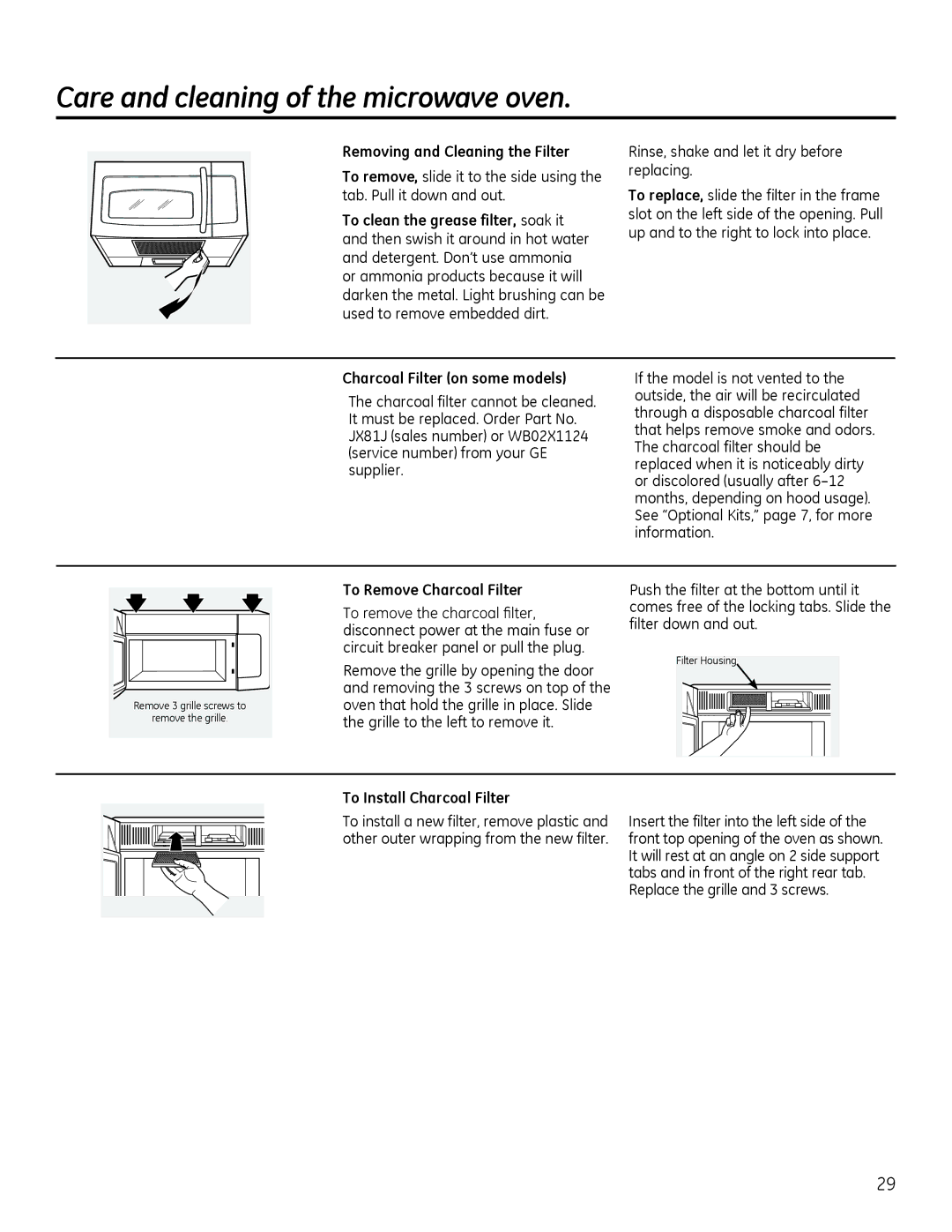 GE Microwave Oven owner manual Removing and Cleaning the Filter, Rinse, shake and let it dry before replacing 