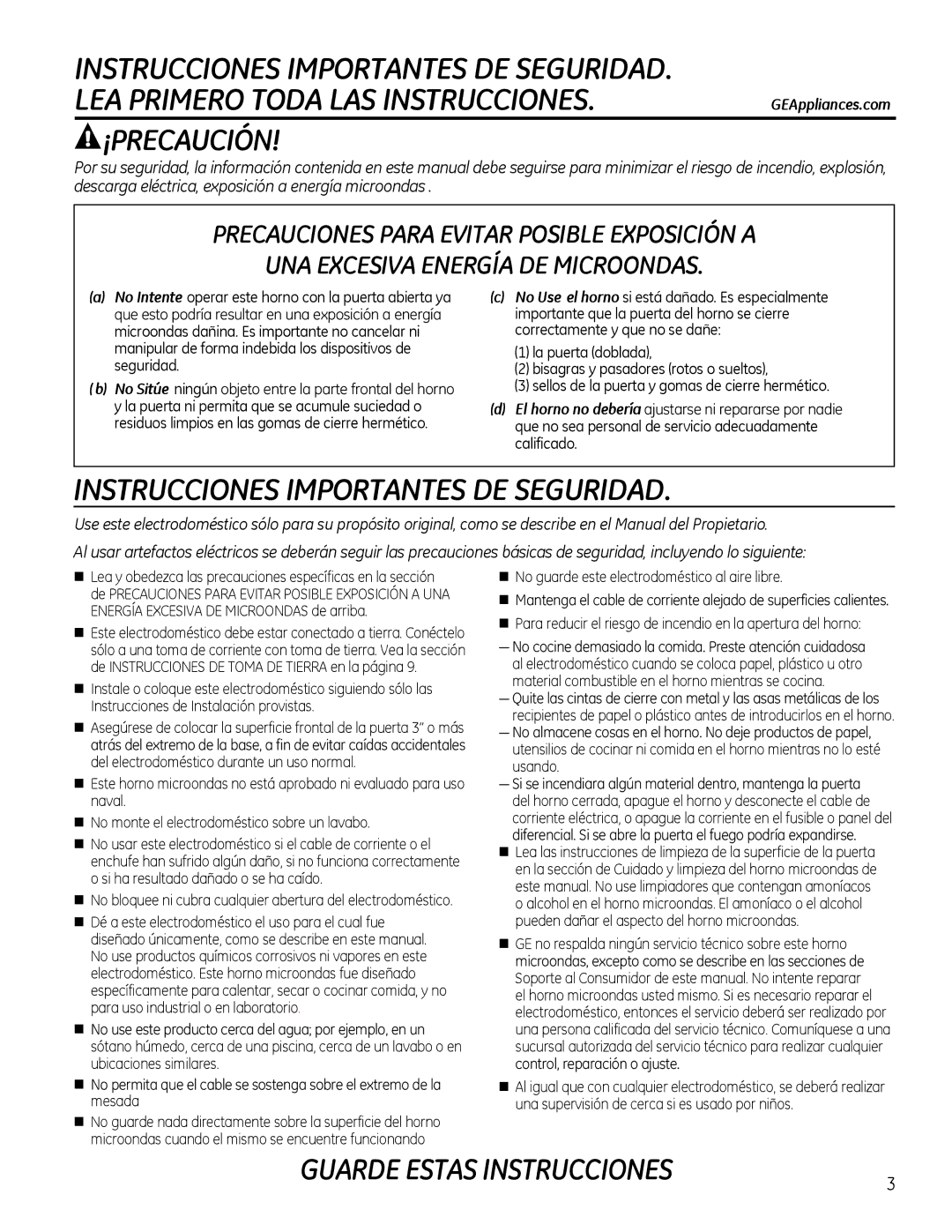 GE Microwave Oven ¡Precaución, Guarde Estas Instrucciones, No Intente operar este horno con la puerta abierta ya 