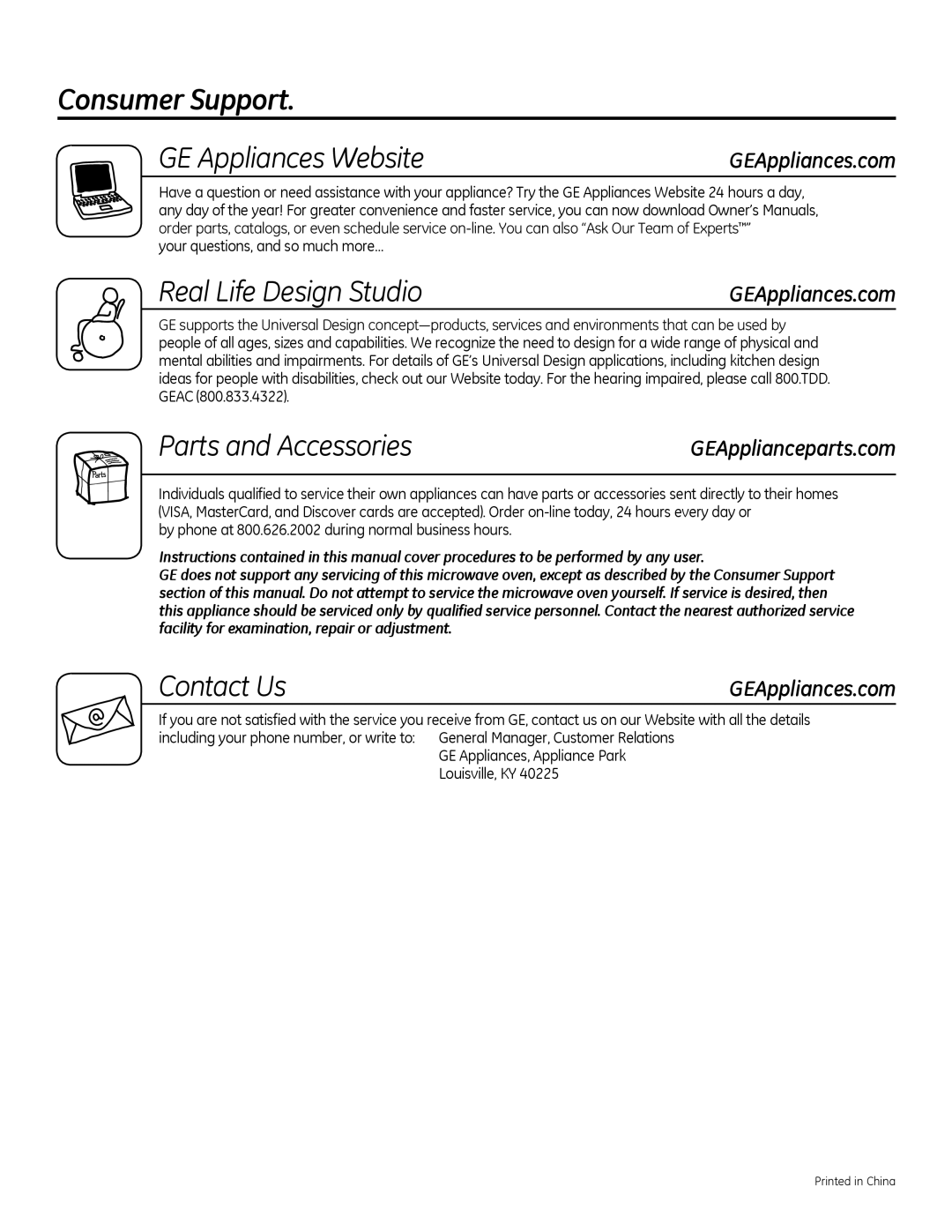 GE Microwave Oven Consumer Support GE Appliances Website, Real Life Design Studio, Parts and Accessories, Contact Us 