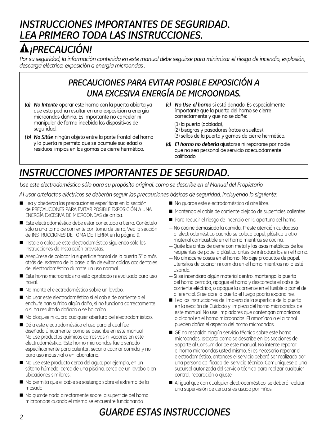 GE Microwave Oven owner manual Guarde Estas Instrucciones 