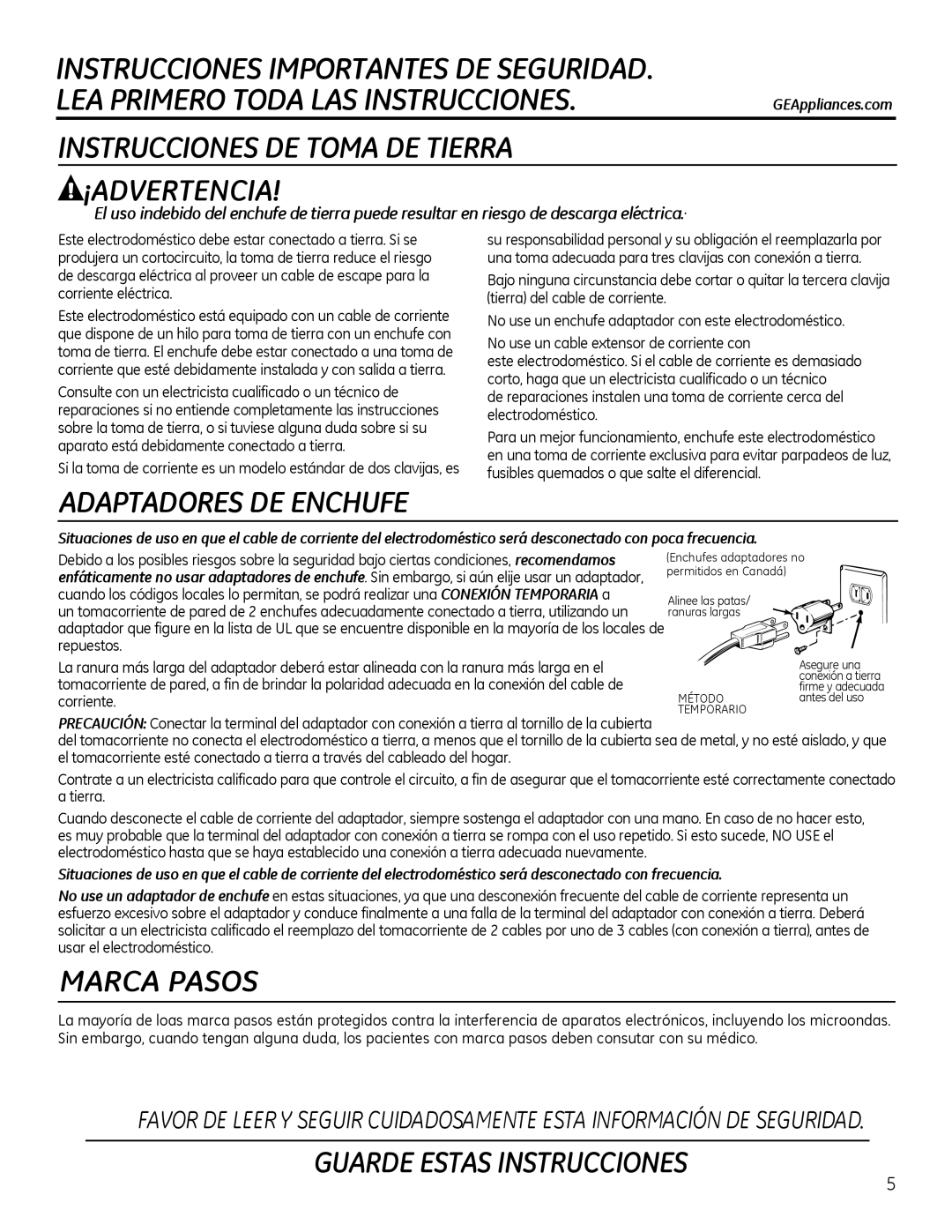 GE Microwave Oven owner manual Asegure una conexión a tierra firme y adecuada antes del uso 