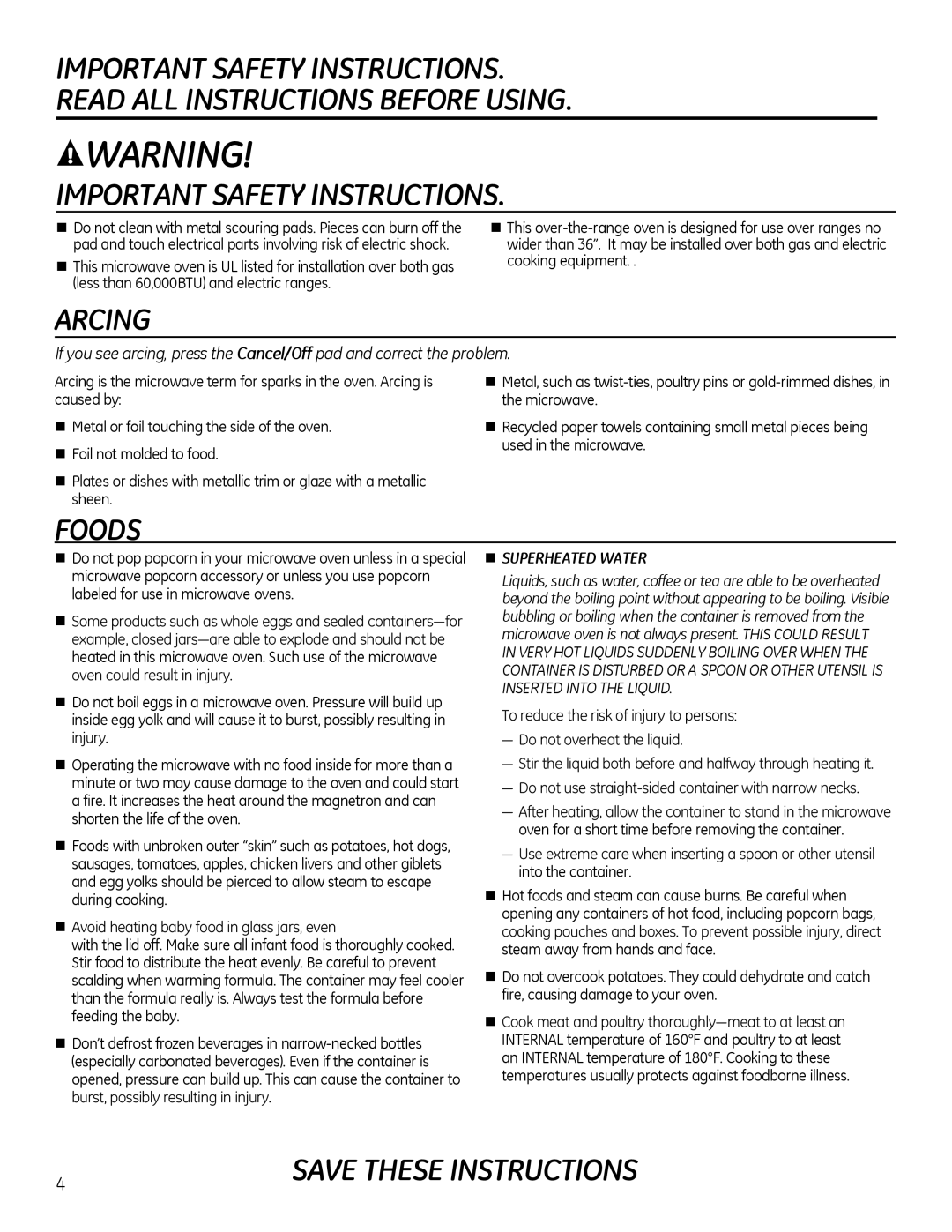 GE Microwave Oven owner manual Arcing, Foods 