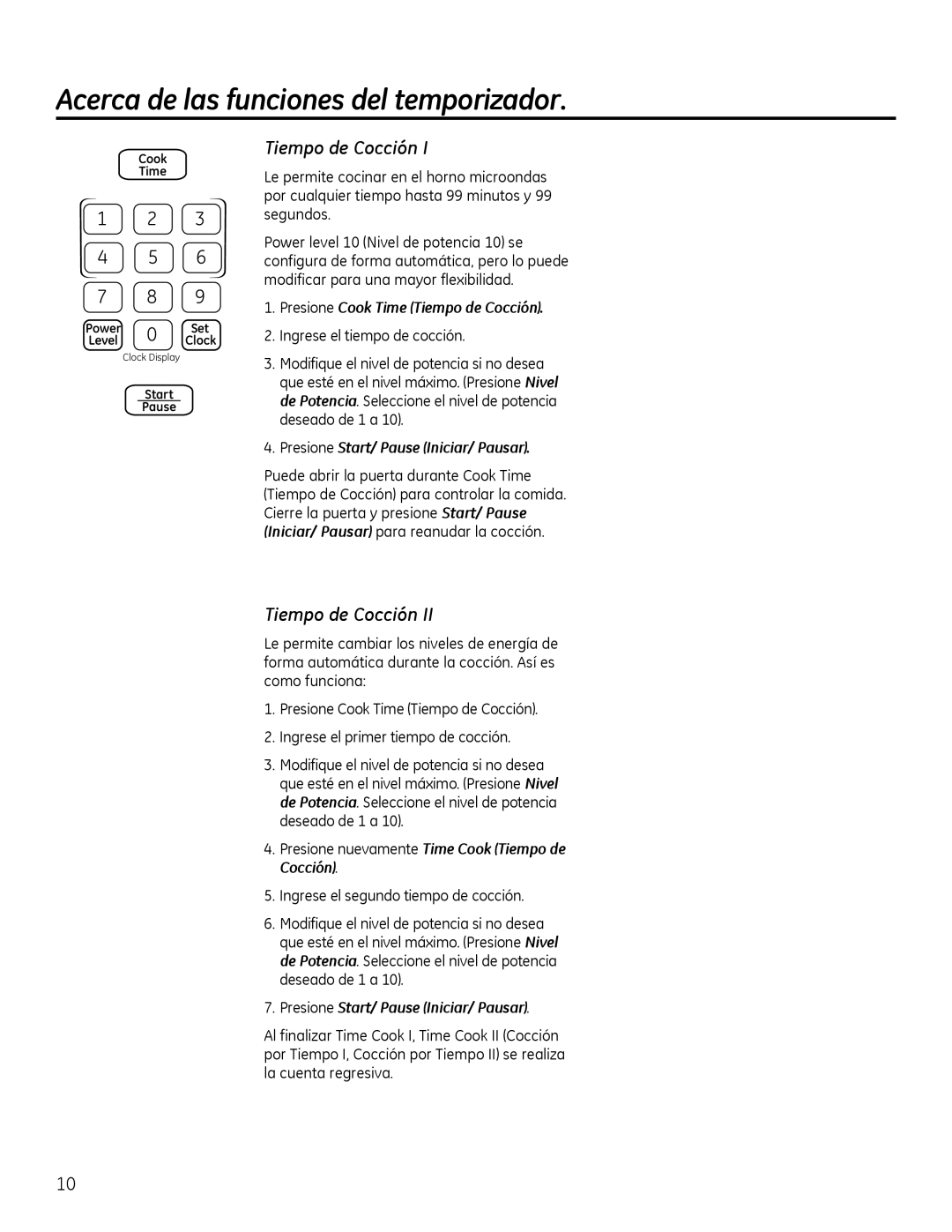 GE Microwave Oven owner manual Acerca de las funciones del temporizador, Presione Cook Time Tiempo de Cocción 