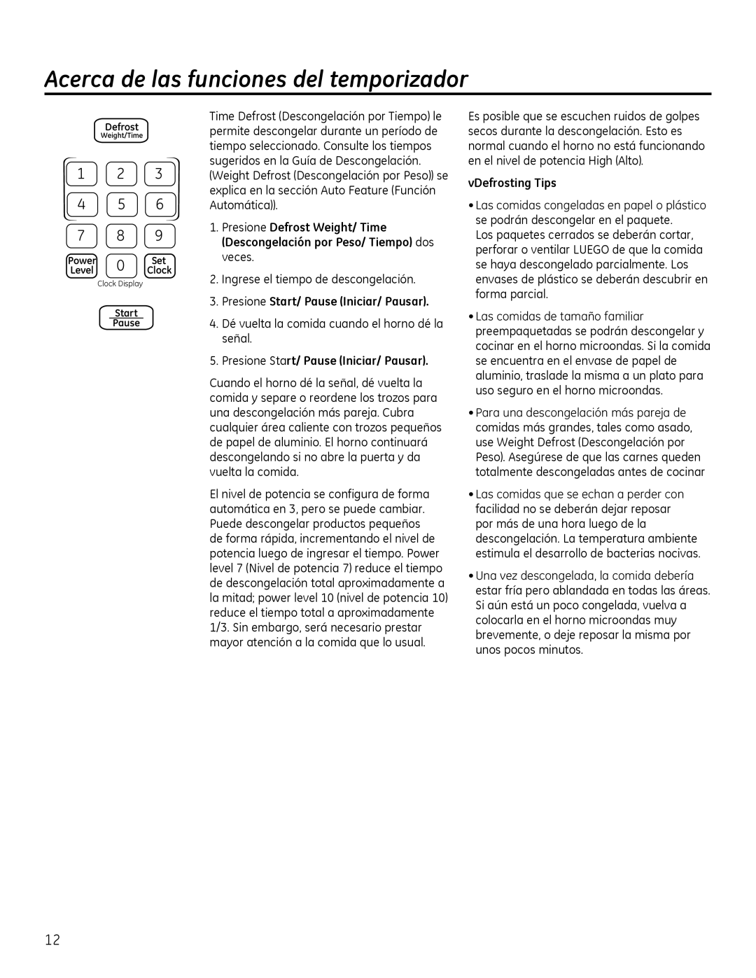 GE Microwave Oven owner manual Ingrese el tiempo de descongelación, Presione Start/ Pause Iniciar/ Pausar, VDefrosting Tips 