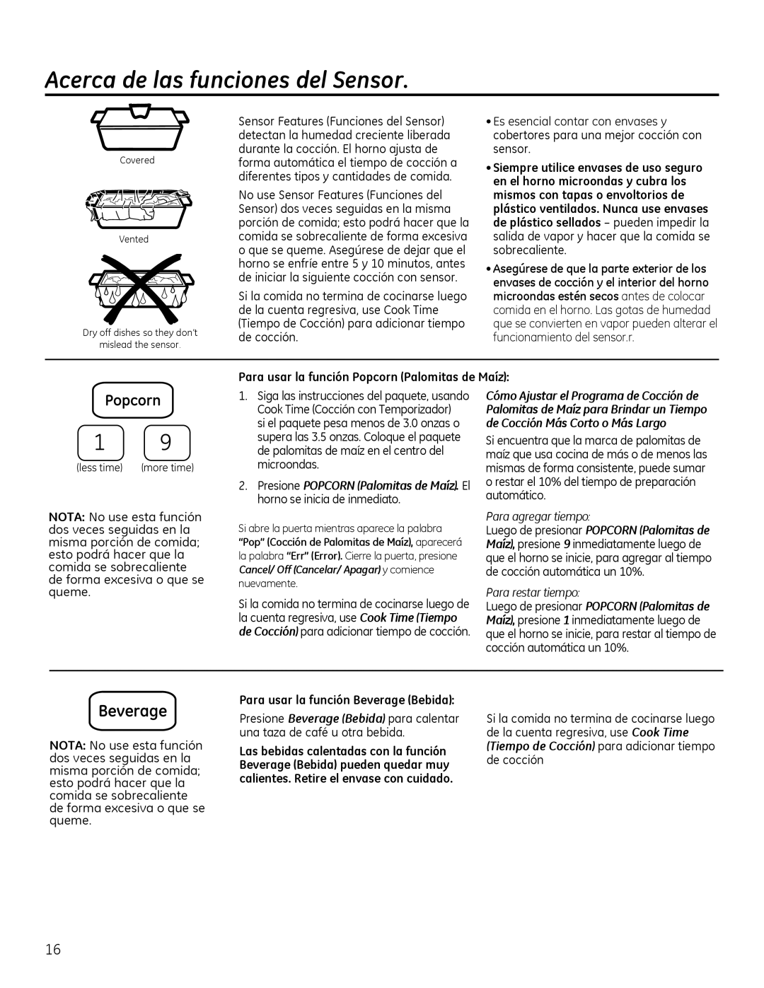 GE Microwave Oven owner manual Acerca de las funciones del Sensor, Para usar la función Popcorn Palomitas de Maíz 