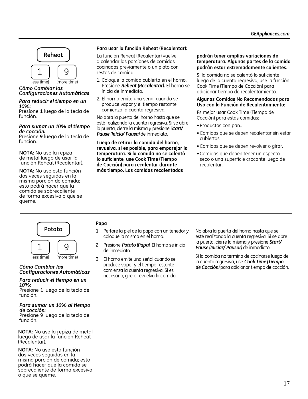 GE Microwave Oven owner manual Para usar la función Reheat Recalentar, Para sumar un 10% al tiempo de cocción 