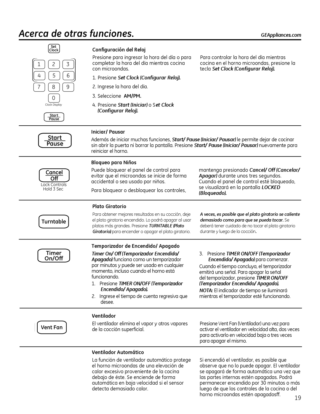 GE Microwave Oven owner manual Presione Start Iniciar o Set Clock Configurar Reloj, Bloqueado, Encendido/ Apagado 