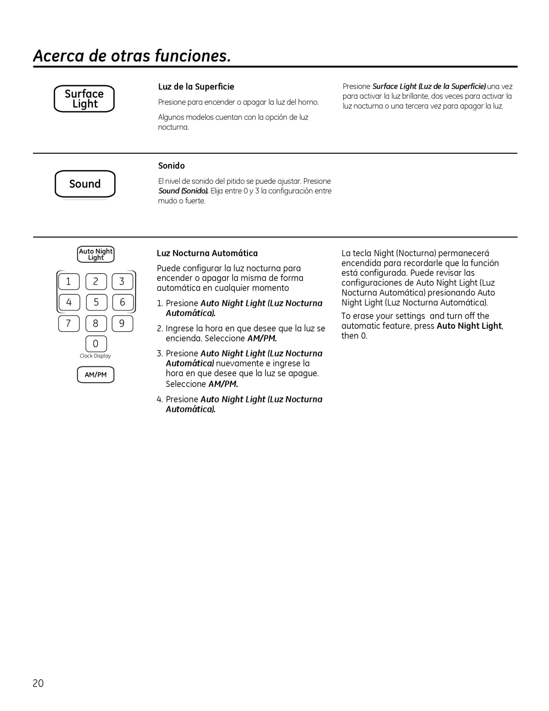 GE Microwave Oven owner manual Luz de la Superficie, Sonido, Presione Auto Night Light Luz Nocturna Automática 