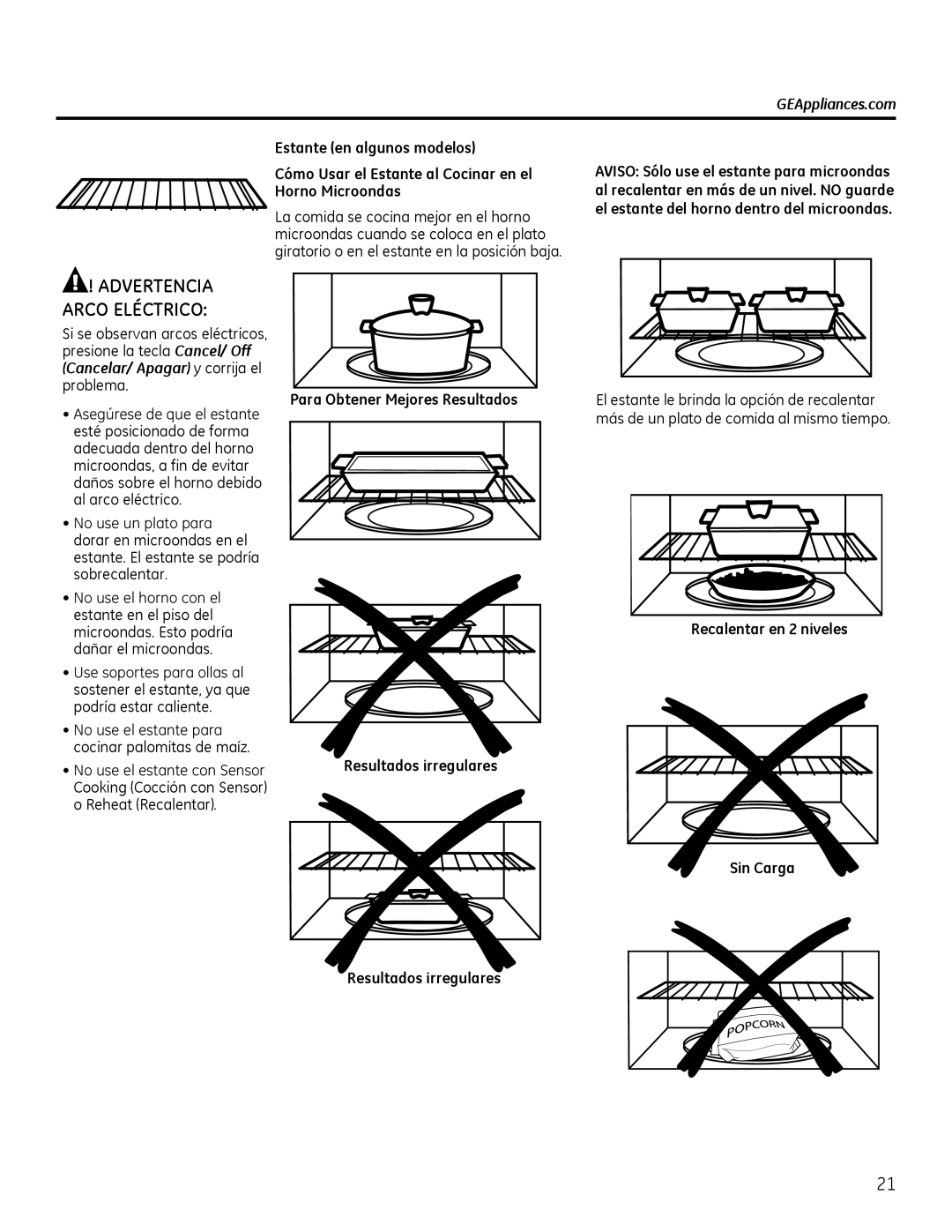 GE Microwave Oven owner manual Para Obtener Mejores Resultados Resultados irregulares, Recalentar en 2 niveles Sin Carga 