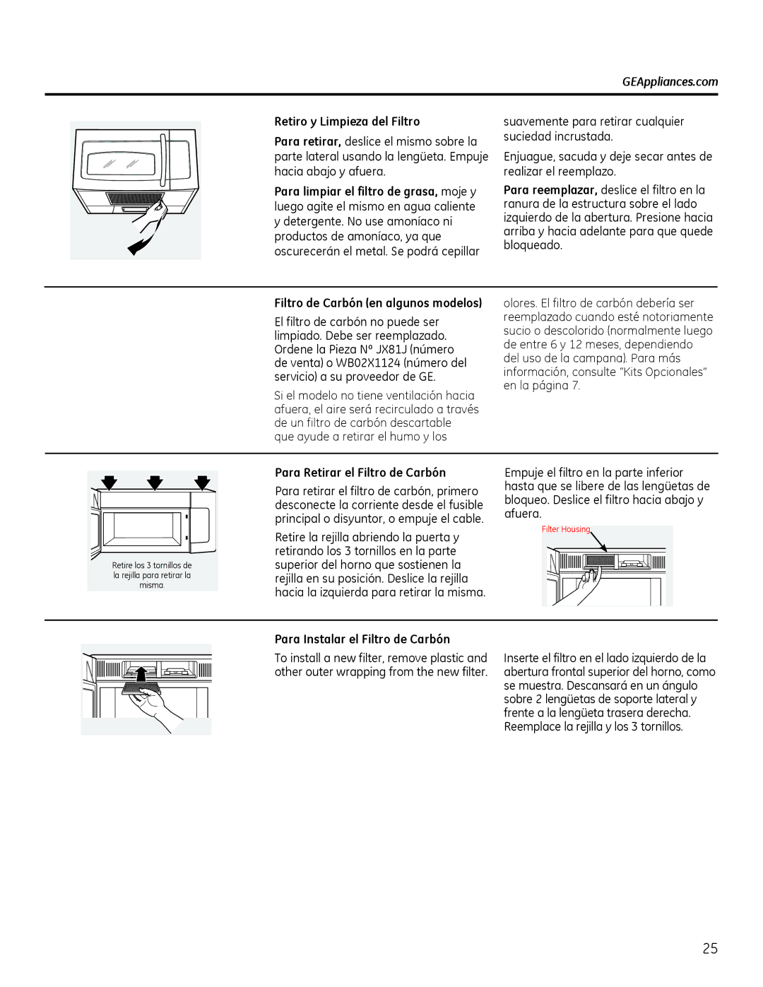 GE Microwave Oven Retiro y Limpieza del Filtro, Para limpiar el filtro de grasa, moje y, Para Retirar el Filtro de Carbón 