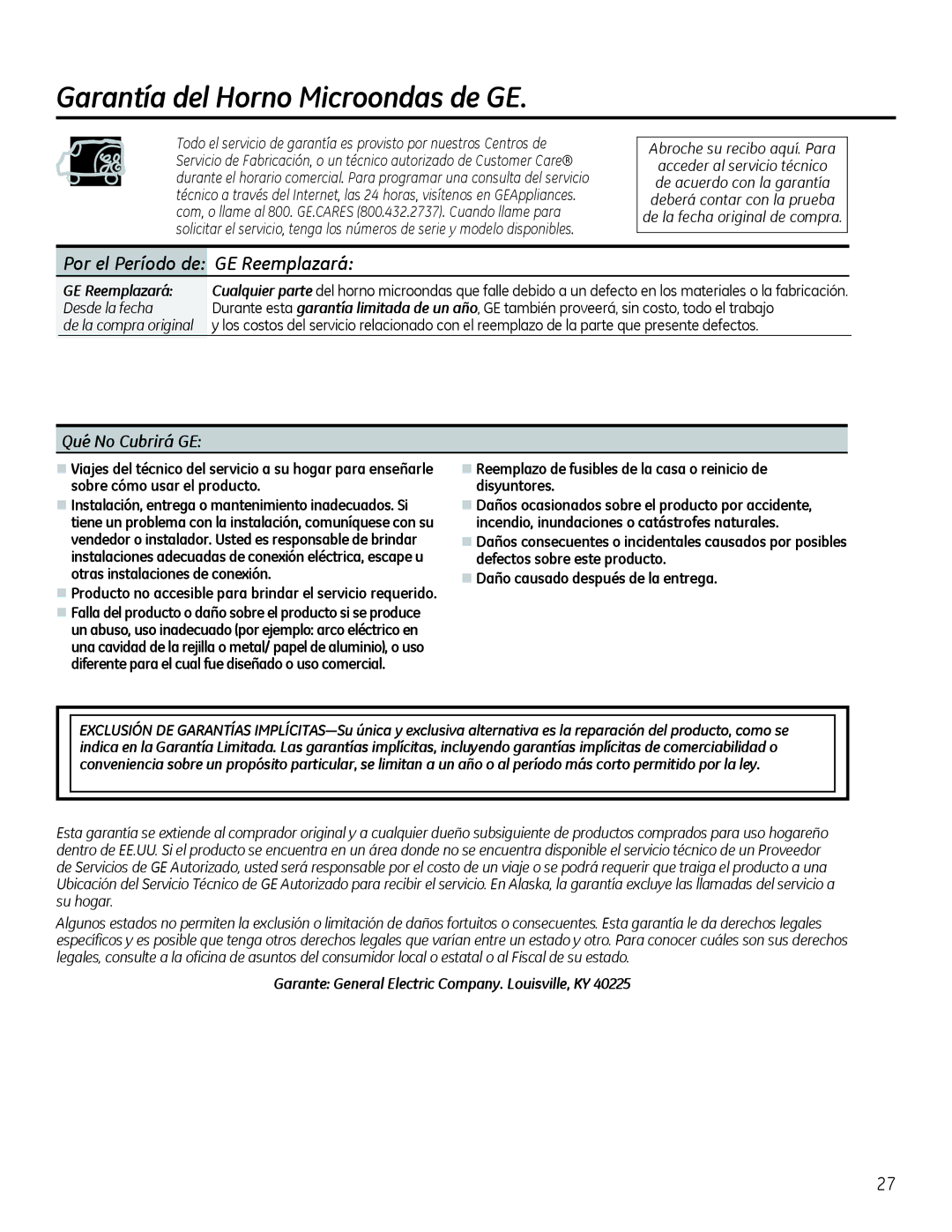 GE Microwave Oven owner manual Garantía del Horno Microondas de GE, Por el Período de GE Reemplazará 