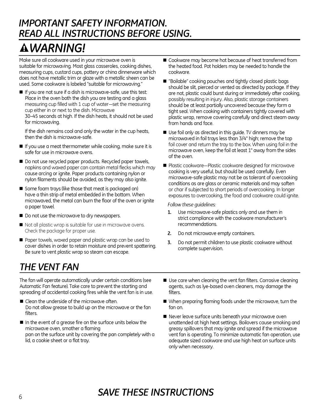 GE Microwave Oven owner manual Vent FAN, Follow these guidelines 