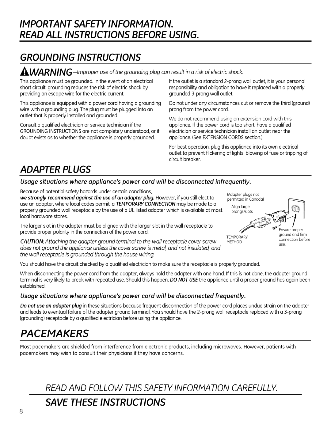 GE Microwave Oven owner manual Grounding Instructions, Adapter Plugs 