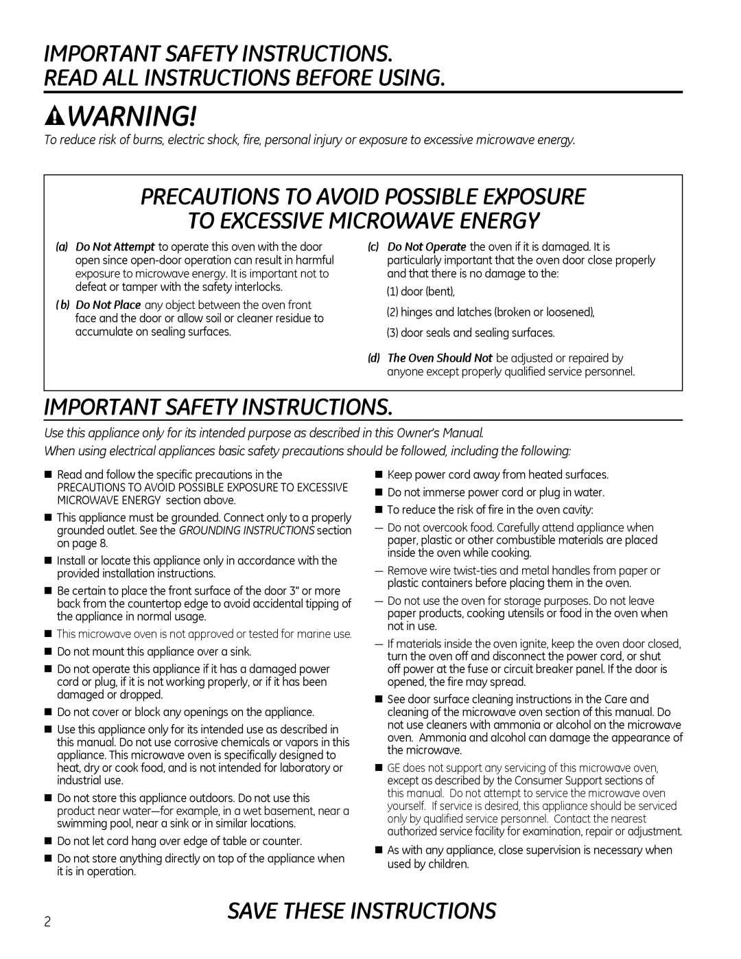 GE Microwave Oven Important Safety Instructions, Read All Instructions Before Using, To Excessive Microwave Energy 