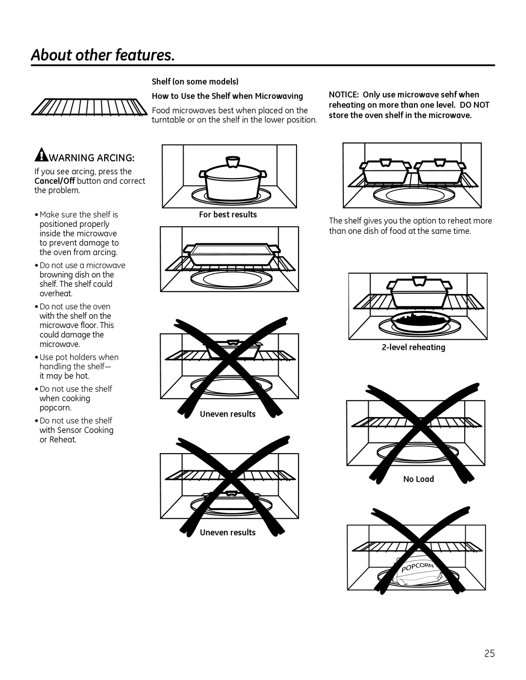 GE Microwave Oven Warning Arcing, About other features, Shelf on some models, How to Use the Shelf when Microwaving 