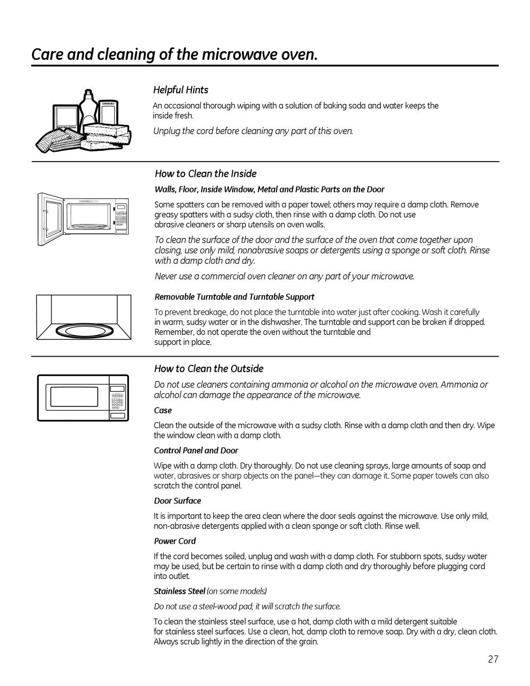 GE Microwave Oven owner manual Care and cleaning of the microwave oven, Helpful Hints, How to Clean the Inside 