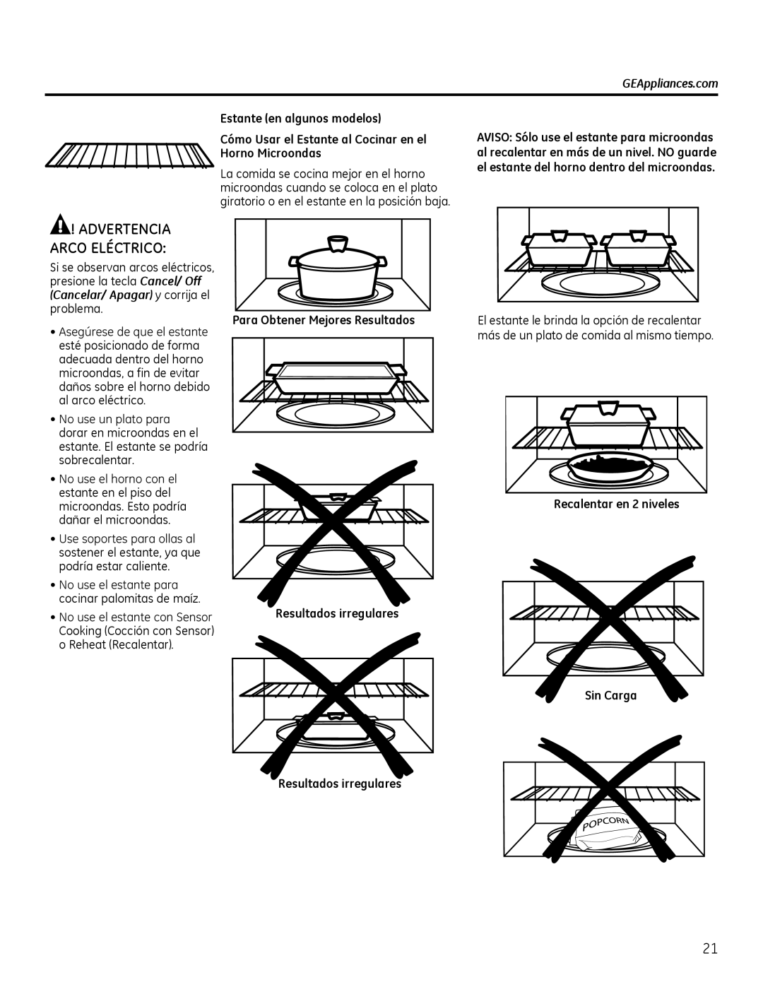 GE Microwave Oven owner manual Advertencia Arco Eléctrico, GEAppliances.com, Estante en algunos modelos 