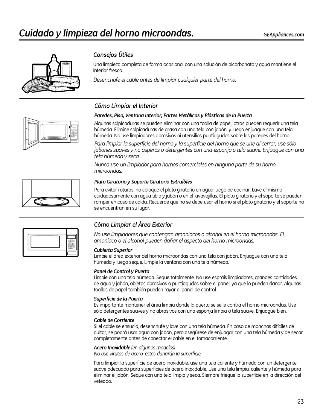 GE Microwave Oven owner manual Cuidado y limpieza del horno microondas, Consejos Útiles, Cómo Limpiar el Interior 
