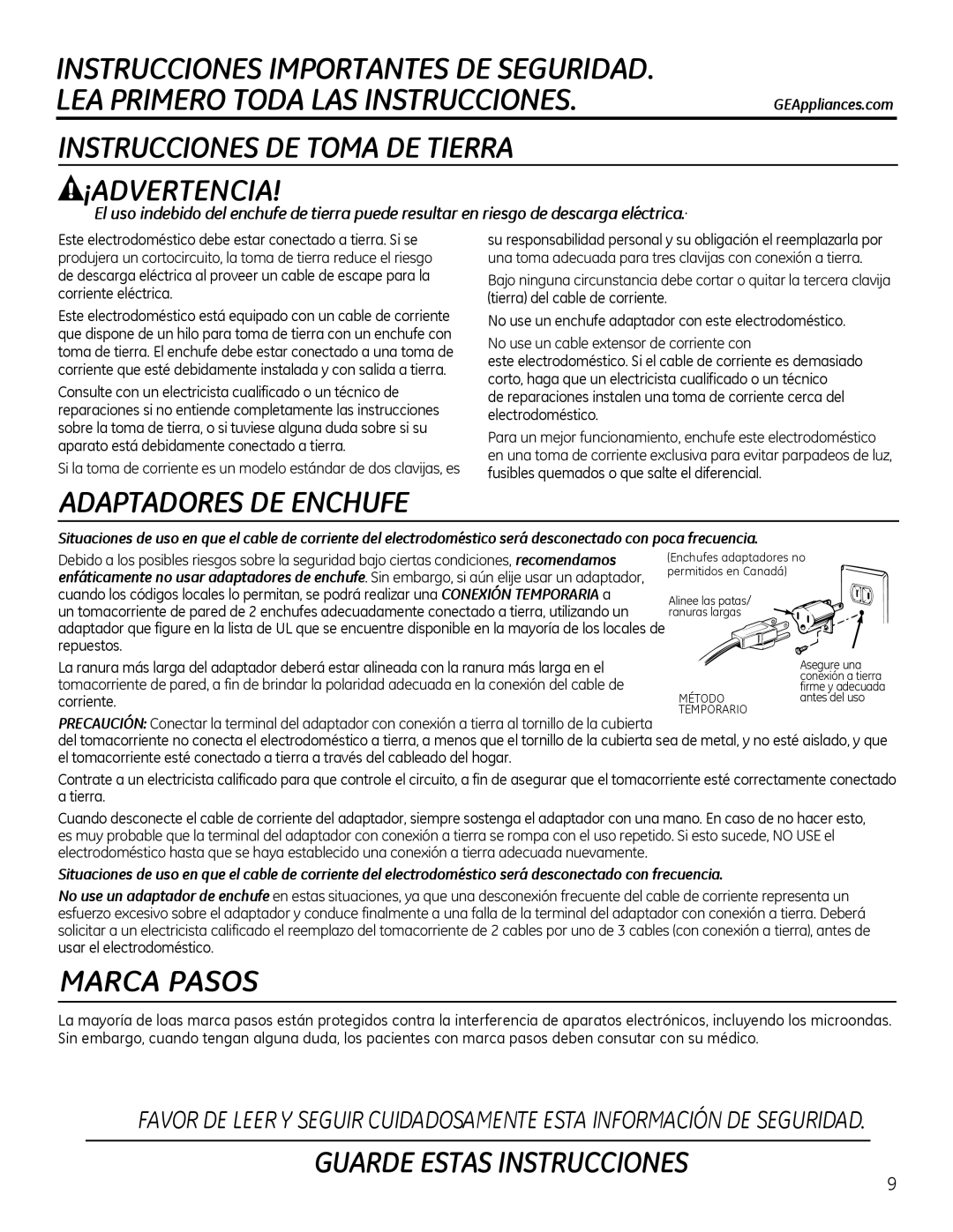 GE Microwave Oven owner manual Instrucciones De Toma De Tierra ¡Advertencia, Adaptadores De Enchufe, Marca Pasos 