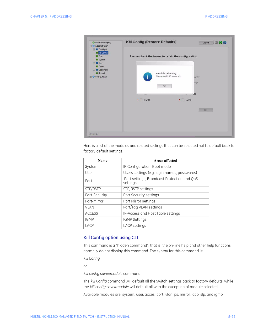 GE ML1200 instruction manual STP, Rstp settings, Port/Tag Vlan settings, IP-Access and Host Table settings, Lacp settings 