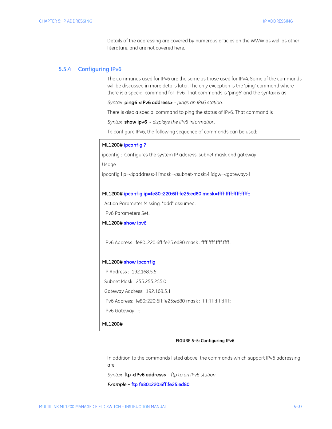 GE ML1200 instruction manual Configuring IPv6, Syntax ping6 IPv6 address pings an IPv6 station 