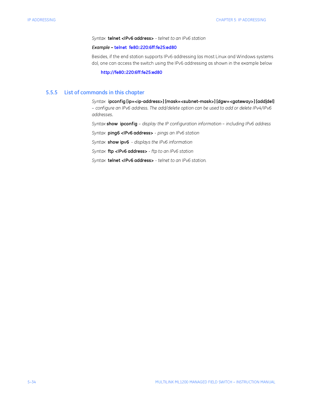GE ML1200 instruction manual List of commands in this chapter, Syntax telnet IPv6 address telnet to an IPv6 station 