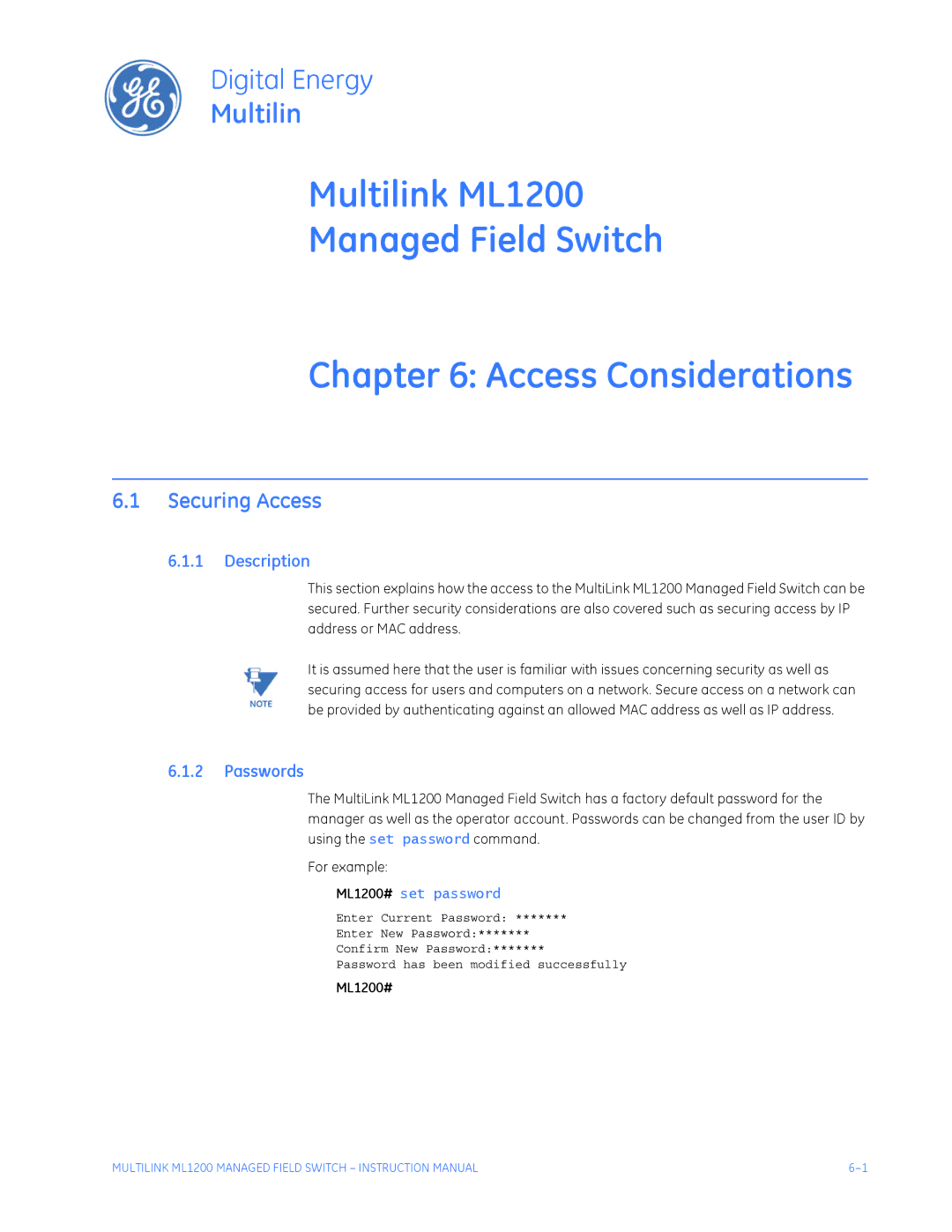 GE Multilink ML1200 Managed Field Switch Access Considerations, Securing Access, Description, Passwords 