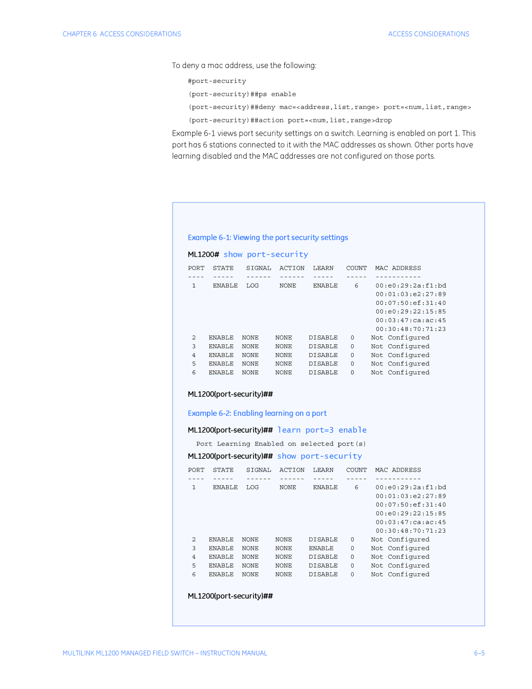 GE ML1200 instruction manual To deny a mac address, use the following, Example 6-1 Viewing the port security settings 