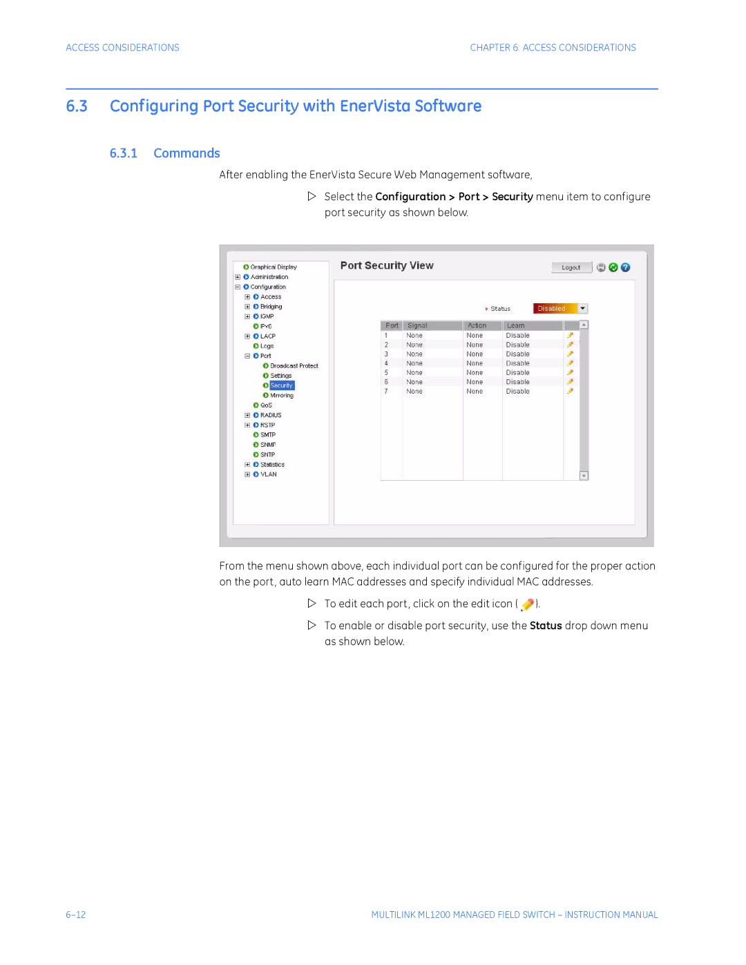 GE ML1200 Configuring Port Security with EnerVista Software, After enabling the EnerVista Secure Web Management software 