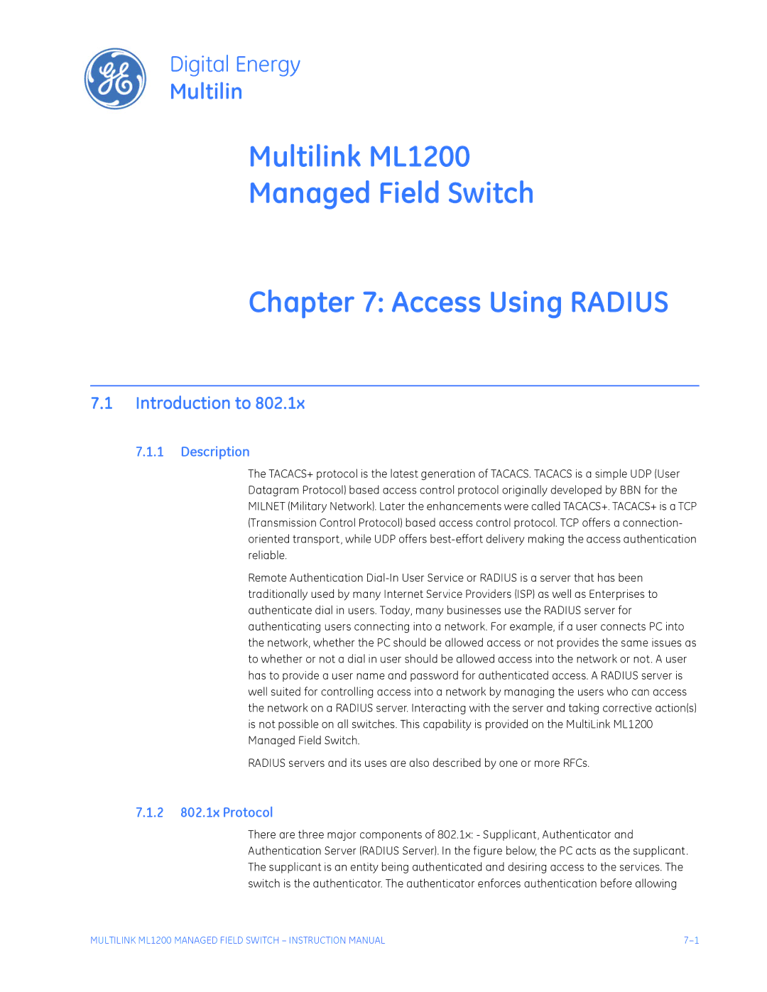 GE instruction manual Multilink ML1200 Managed Field Switch Access Using Radius, Introduction to, 2 802.1x Protocol 