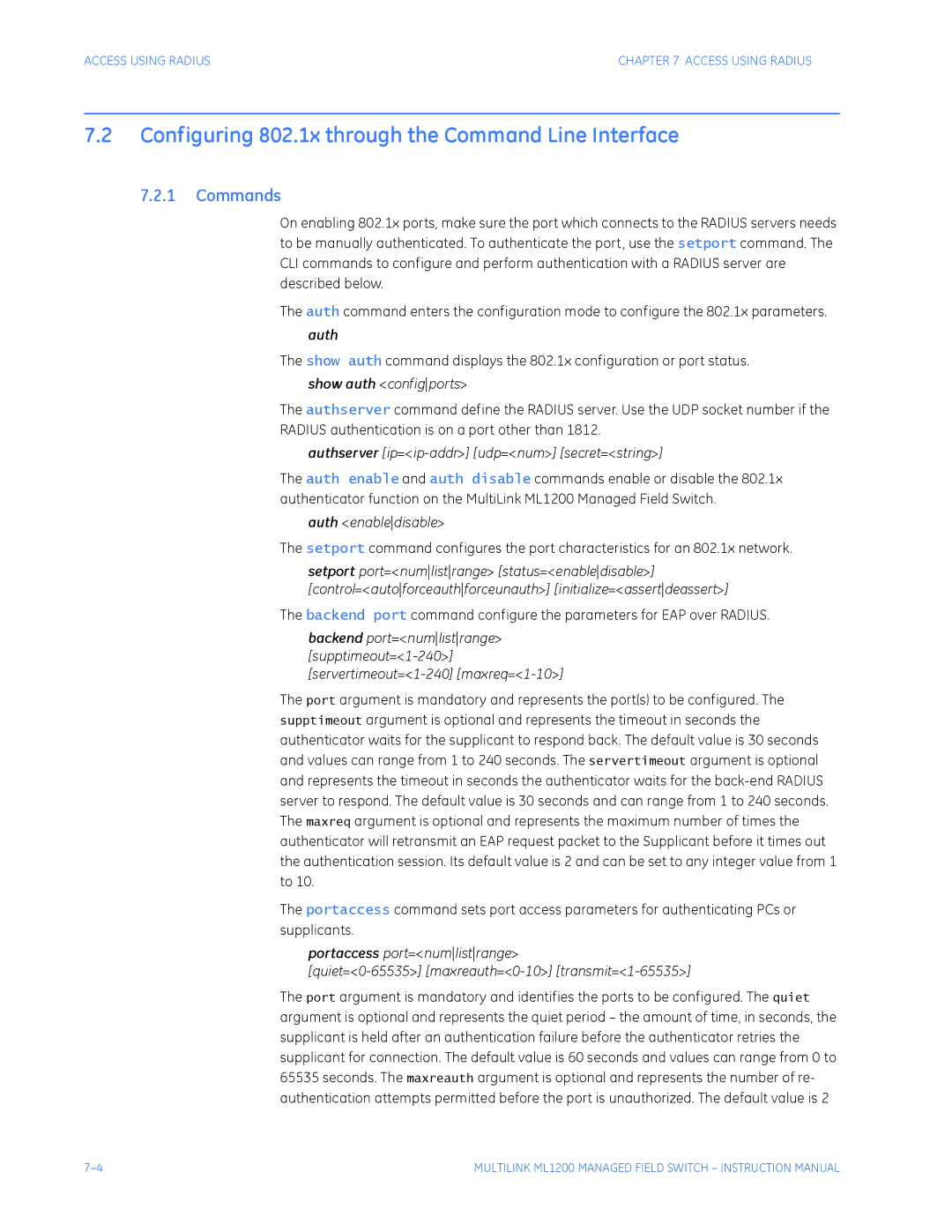 GE ML1200 Configuring 802.1x through the Command Line Interface, Show auth configports, Auth enabledisable 