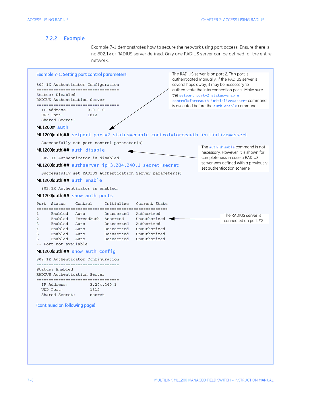 GE ML1200 instruction manual Example 7-1 Setting port control parameters, On following 