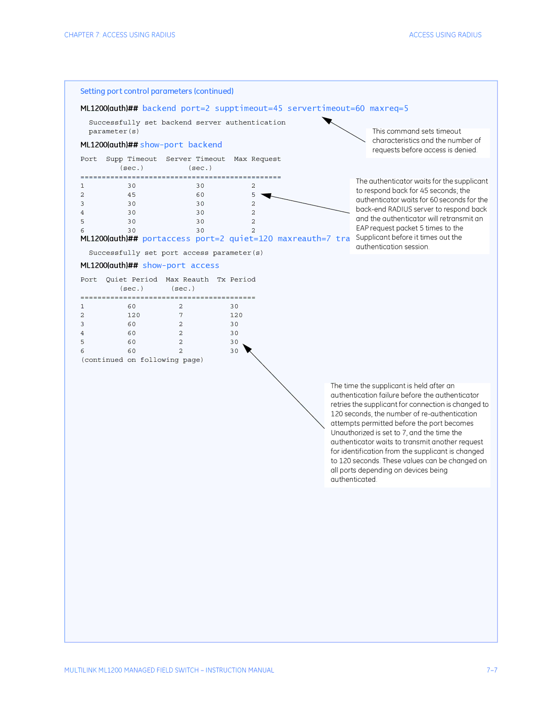 GE instruction manual Setting port control parameters, ML1200auth## show-port backend 