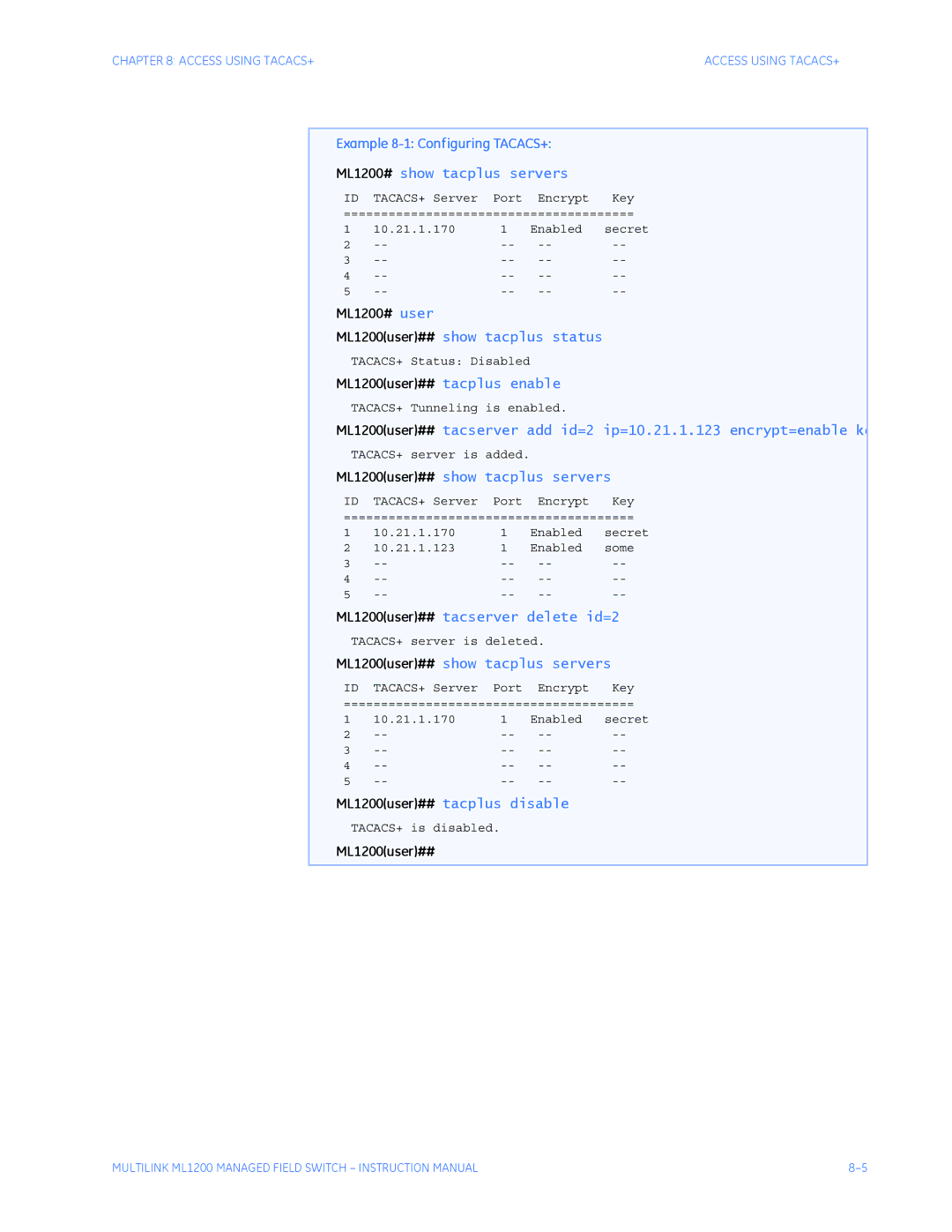 GE instruction manual Example 8-1 Configuring TACACS+, ML1200user## tacplus enable, ML1200user## tacplus disable 