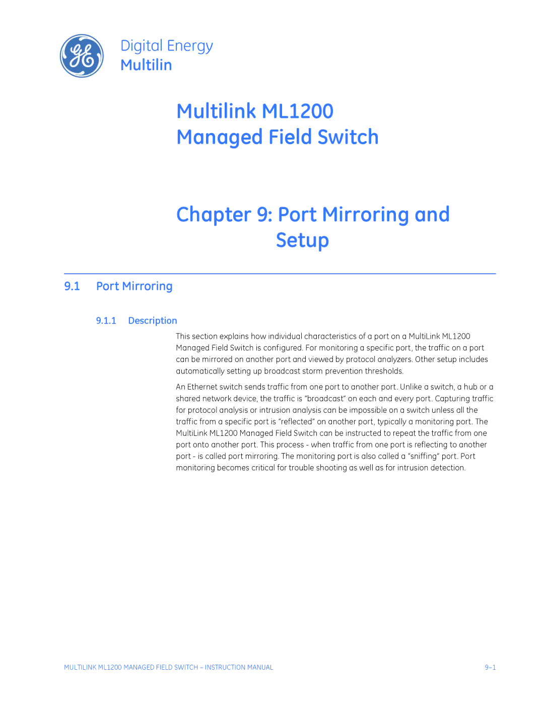 GE instruction manual Multilink ML1200 Managed Field Switch Port Mirroring Setup 