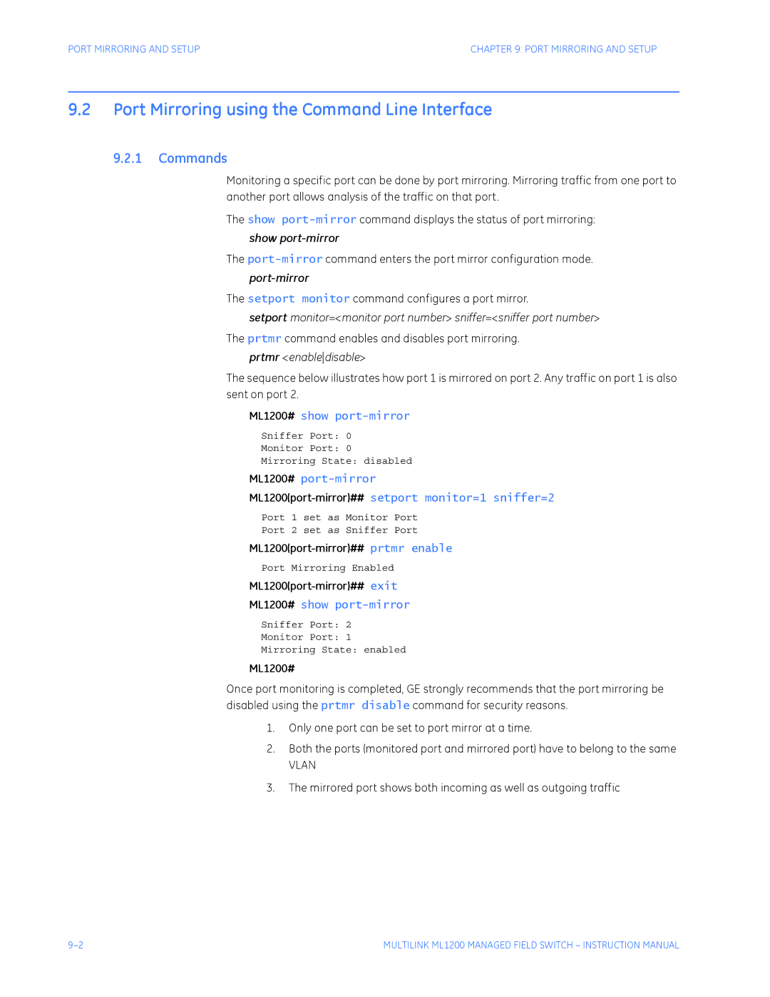 GE ML1200 Port Mirroring using the Command Line Interface, Show port-mirror, Port-mirror, Prtmr enabledisable 