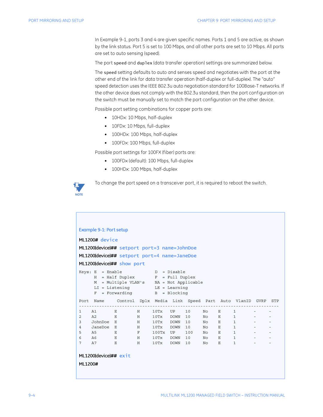 GE instruction manual Example 9-1 Port setup, ML1200# device, ML1200device## show port, ML1200device## exit ML1200# 