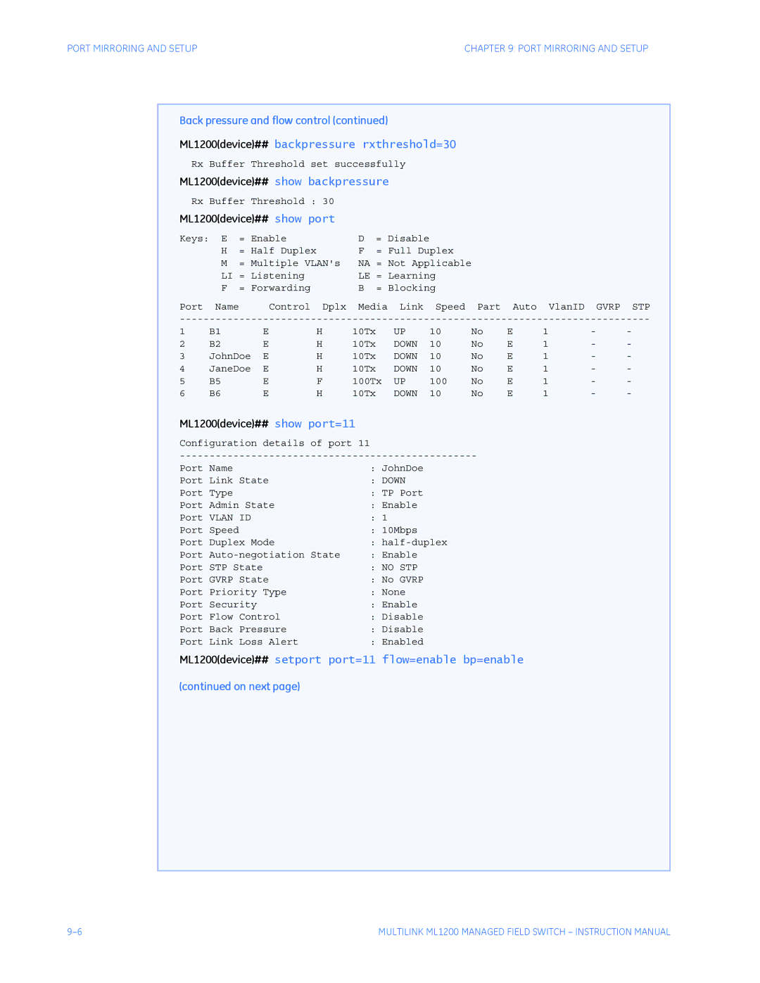 GE instruction manual Back pressure and flow control, ML1200device## show port=11 