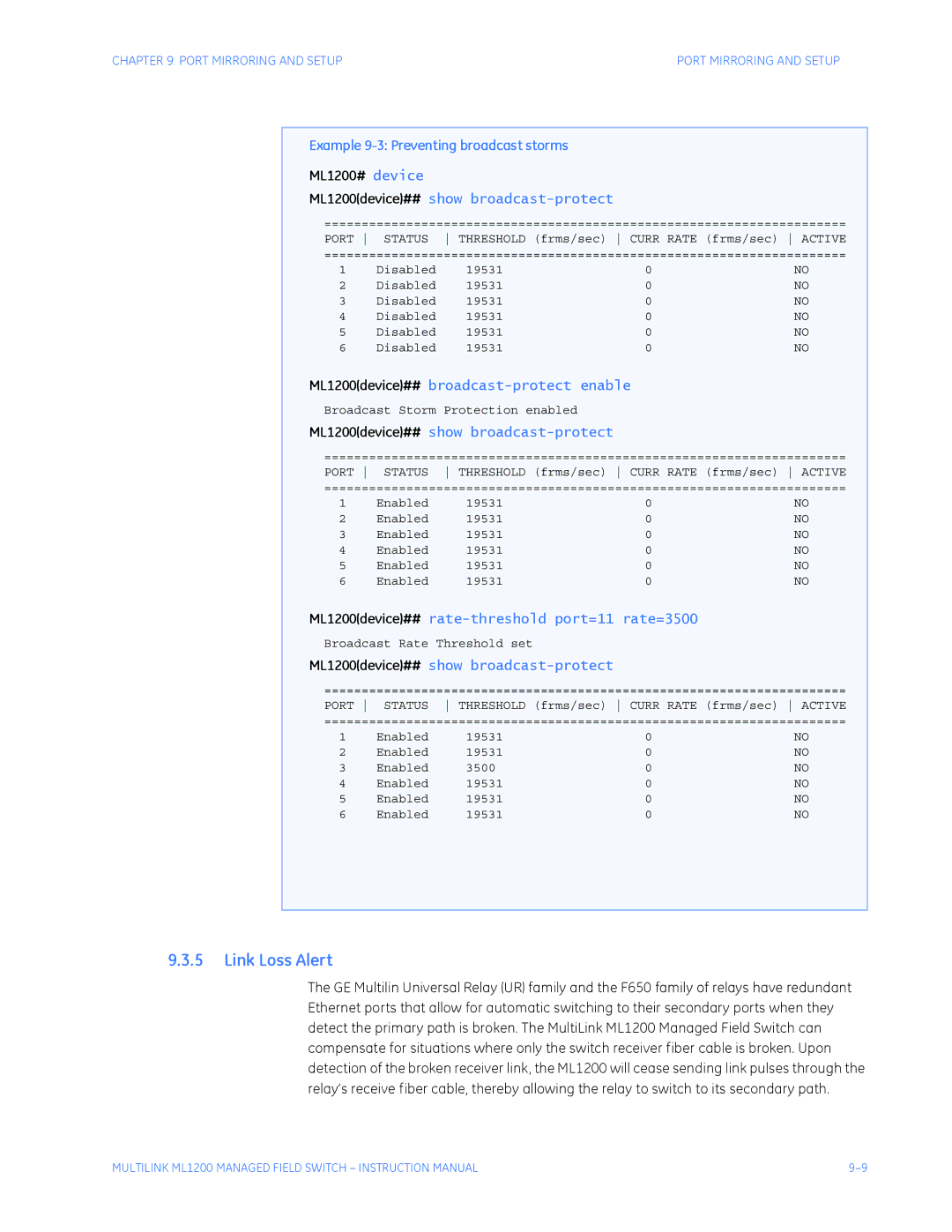 GE ML1200 instruction manual Link Loss Alert, Example 9-3 Preventing broadcast storms 