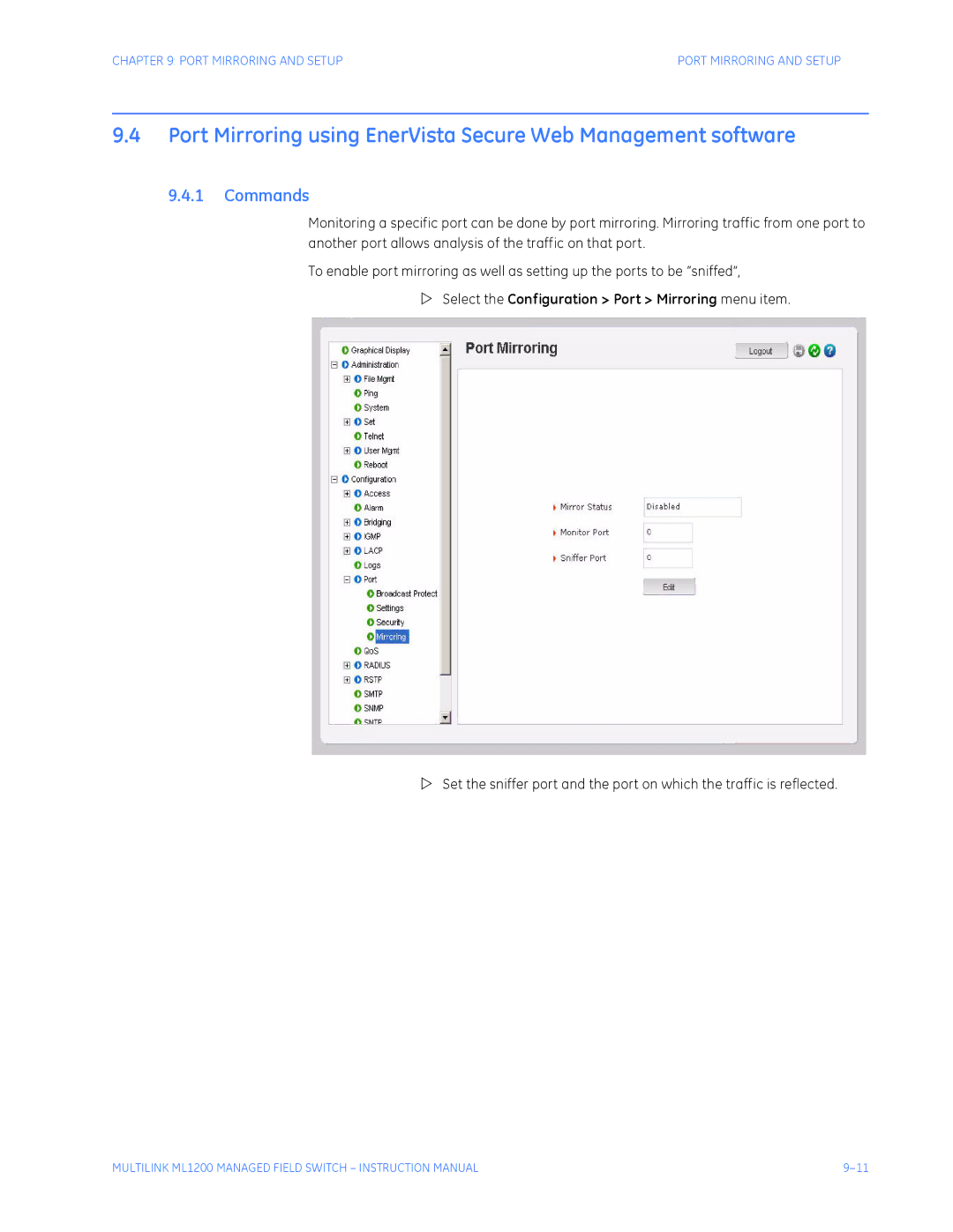 GE ML1200 instruction manual Commands, Select the Configuration Port Mirroring menu item 